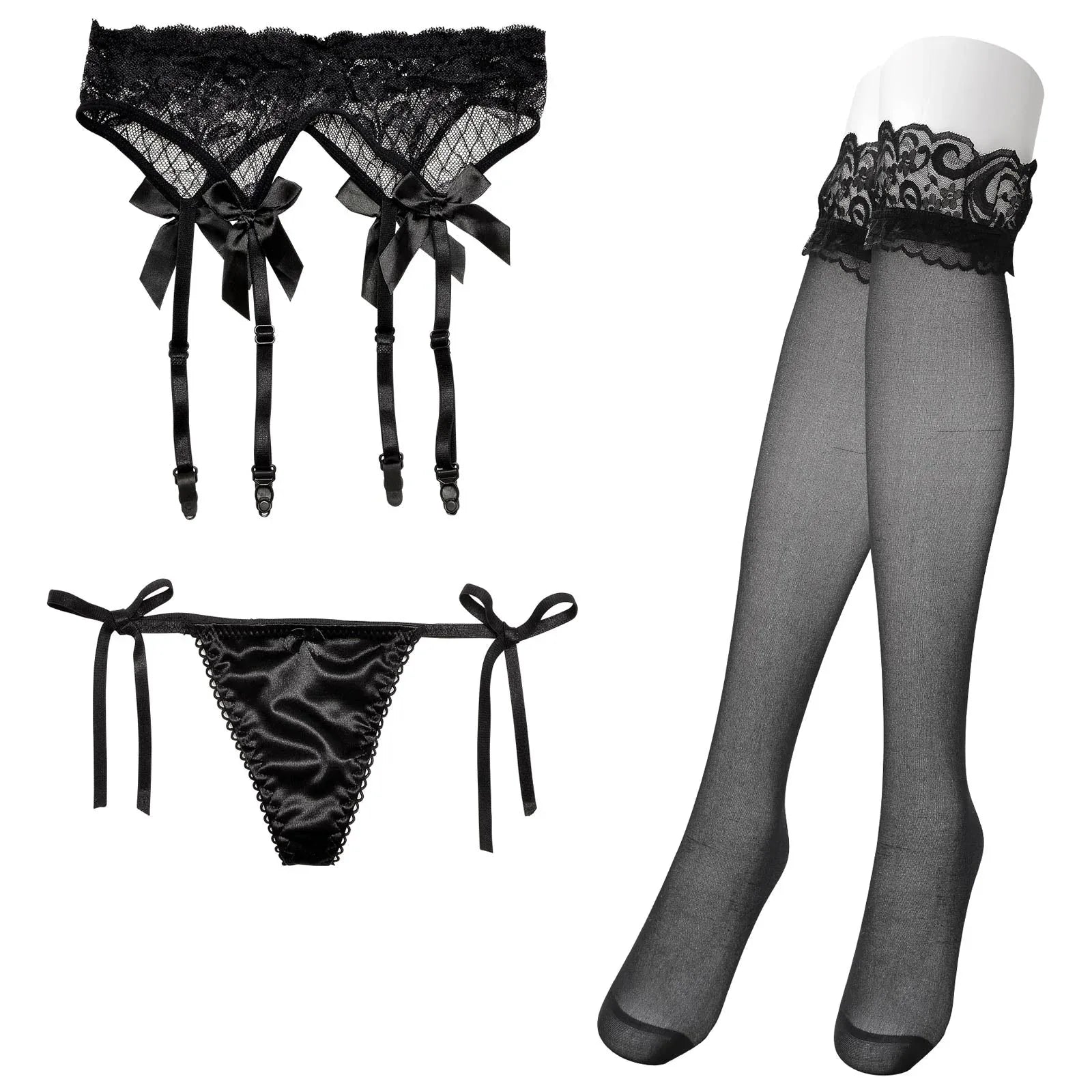 2/19再販!シアーフラワー格子リボンTバックガーターセット - 【公式】247Lingerie