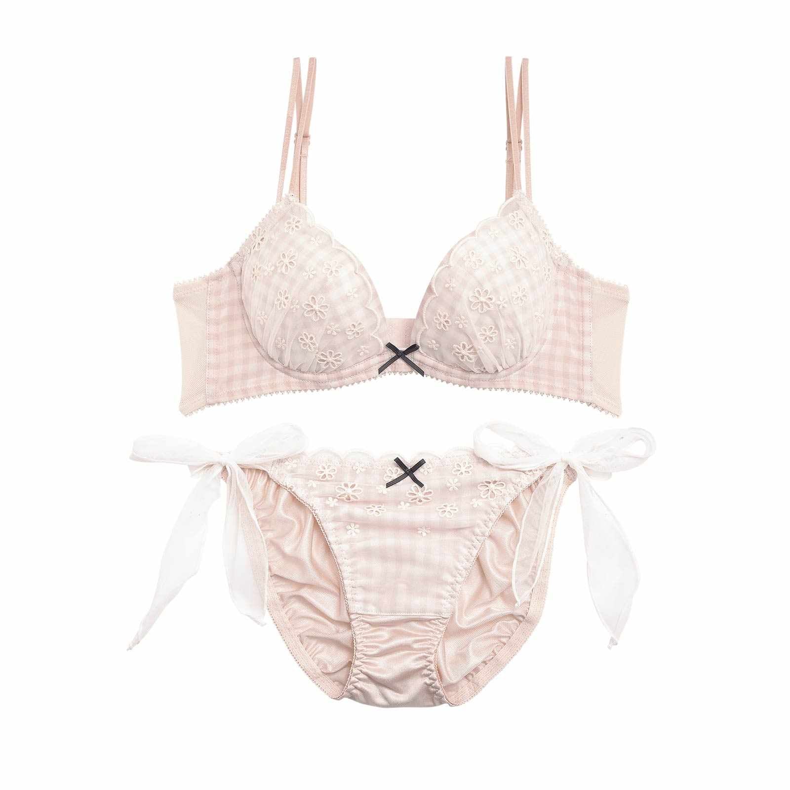 ガーリーギンガムチェックチュールリボン育乳脇高ブラジャー&フルバックショーツ