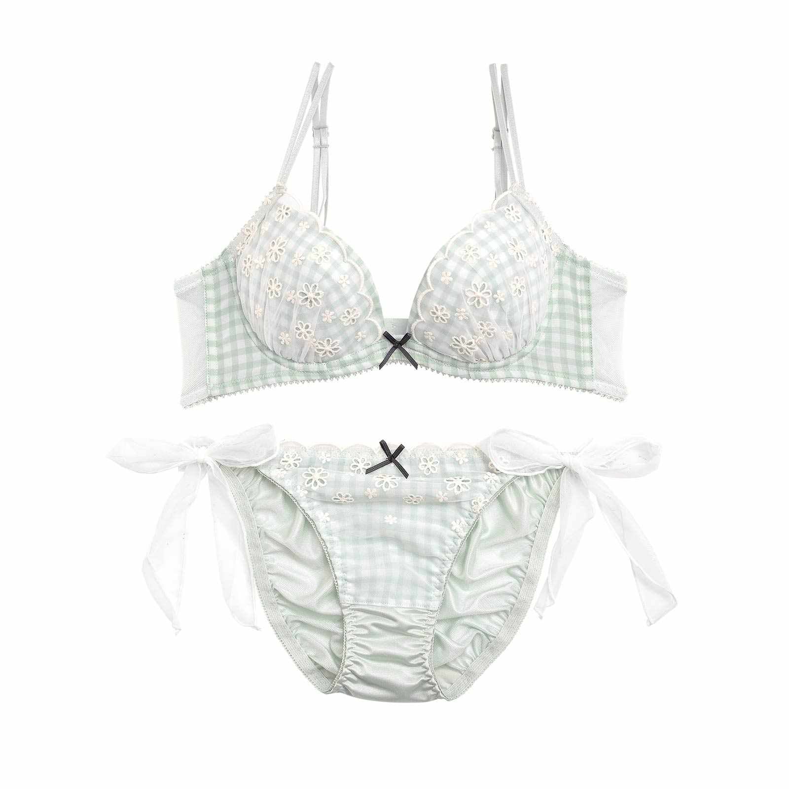 ガーリーギンガムチェックチュールリボン育乳脇高ブラジャー&フルバックショーツ