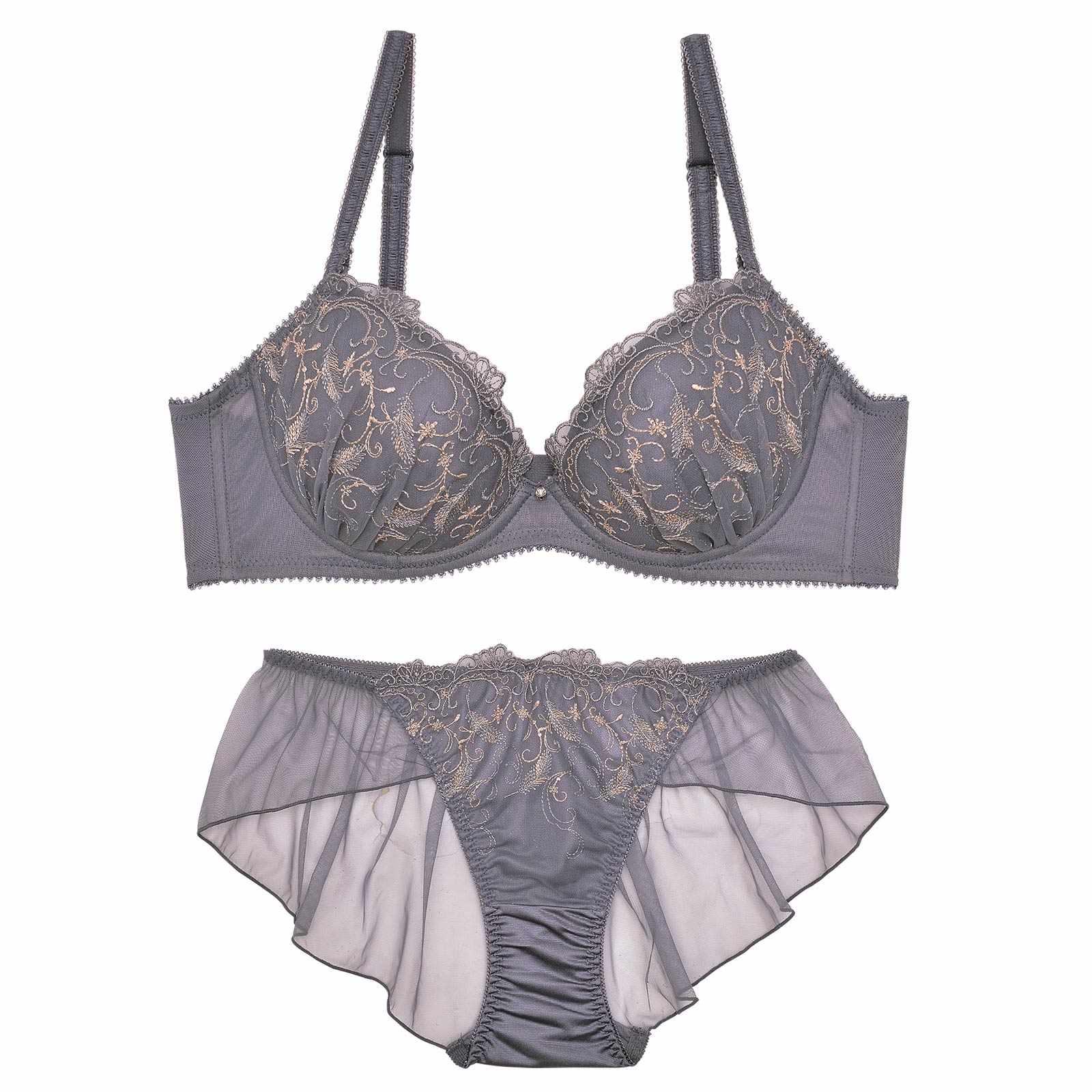 フェミニンプリュームレースブラジャー&バック透けフルバックショーツ