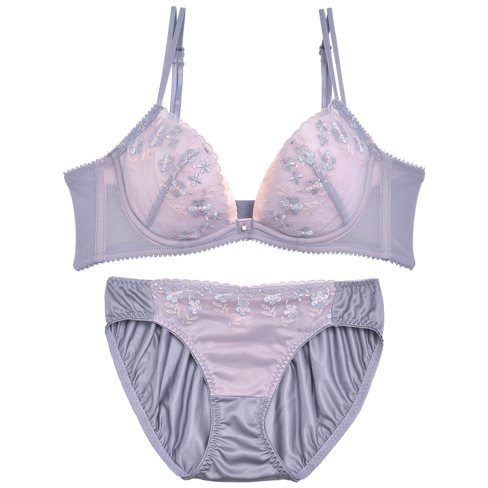 フラワーラッセルレース育乳脇高ブラジャー&フルバックショーツ