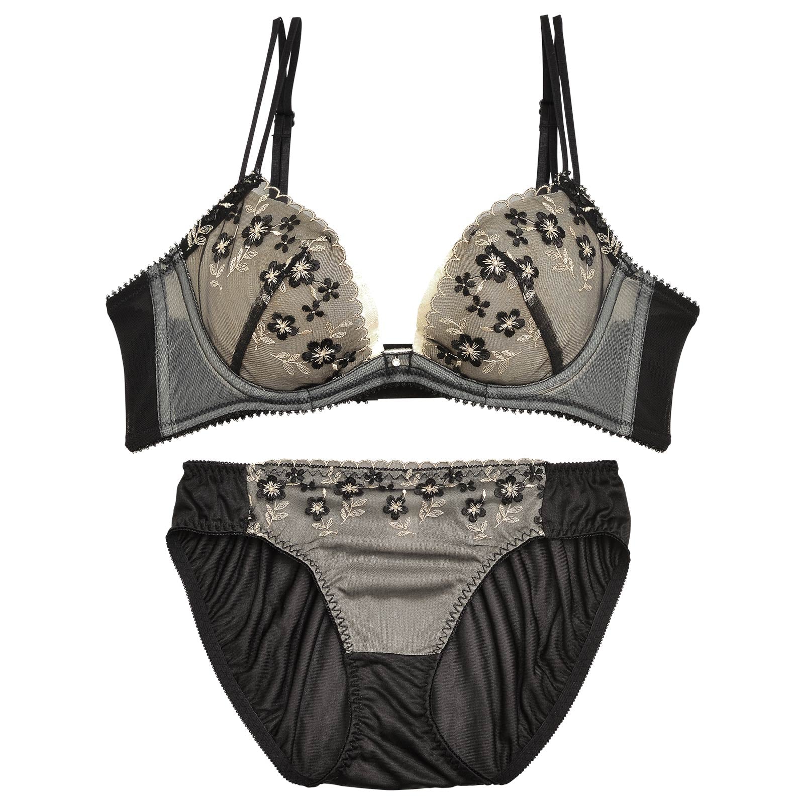 フラワーラッセルレース育乳脇高ブラジャー&フルバックショーツ