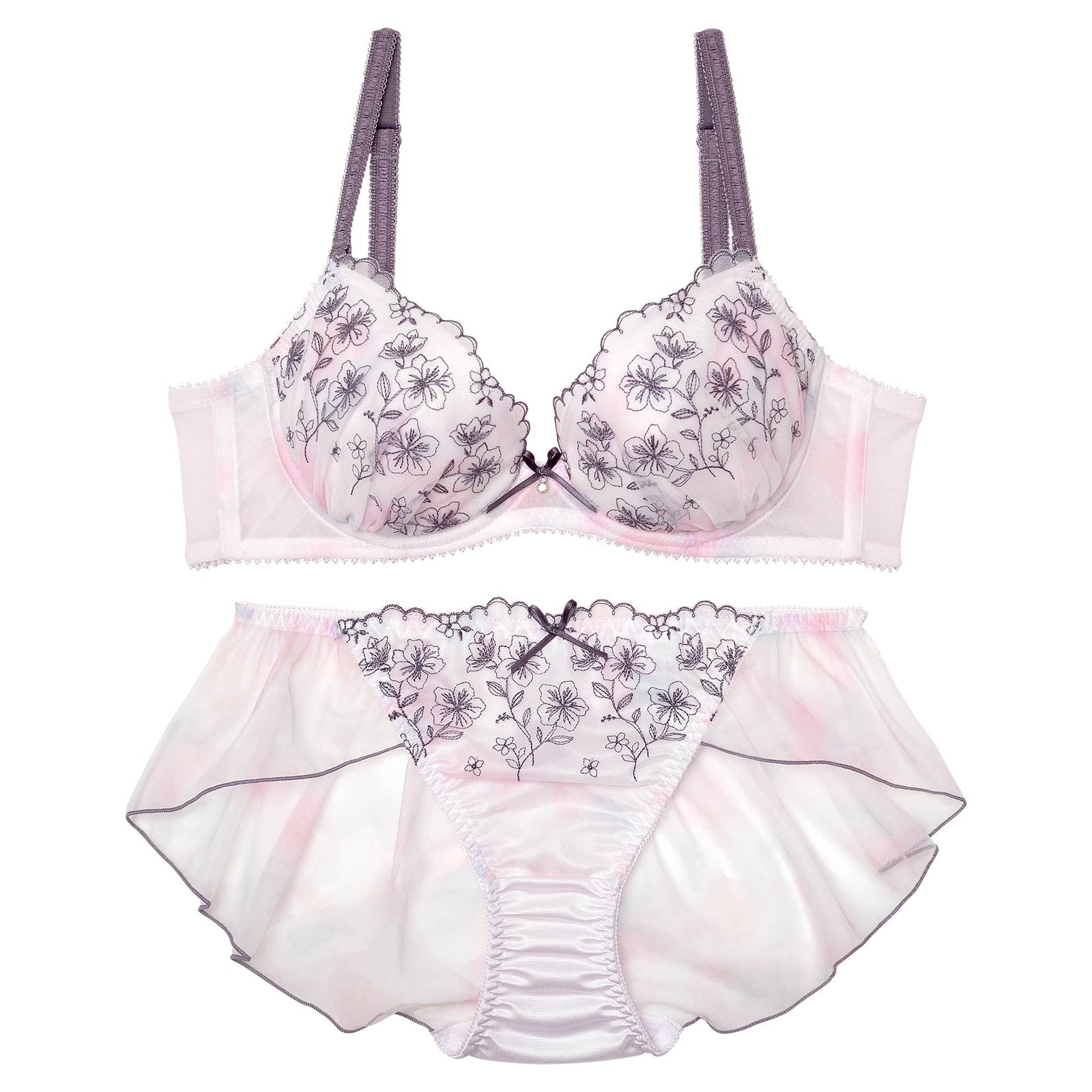 水彩フラワーボリュームシフォンブラジャー&フルバックショーツ