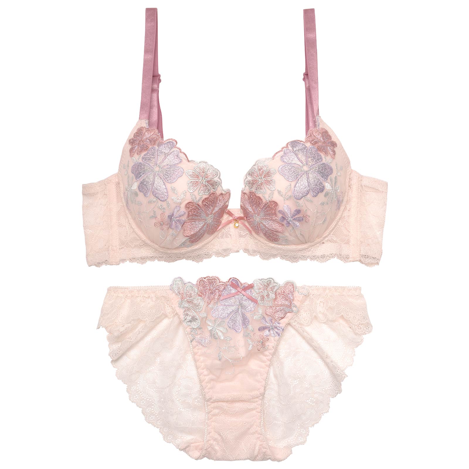 パステルメルティフラワー育乳脇高ブラジャー&バック透けフルバックショーツ