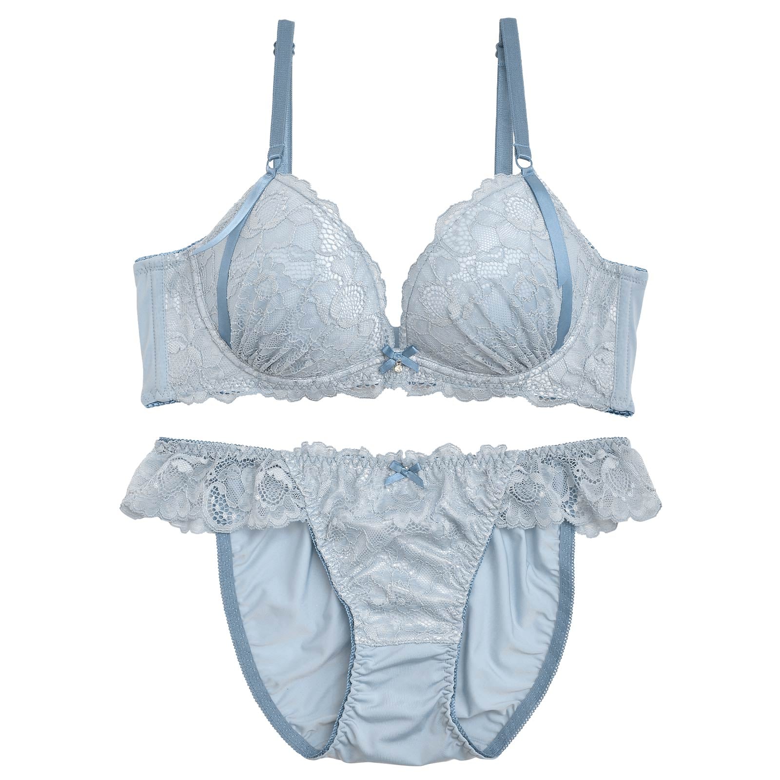 【ノンワイヤー】【EFサイズ】バイカラーラインフラワーレース育乳脇高ブラジャー&フルバックショーツ