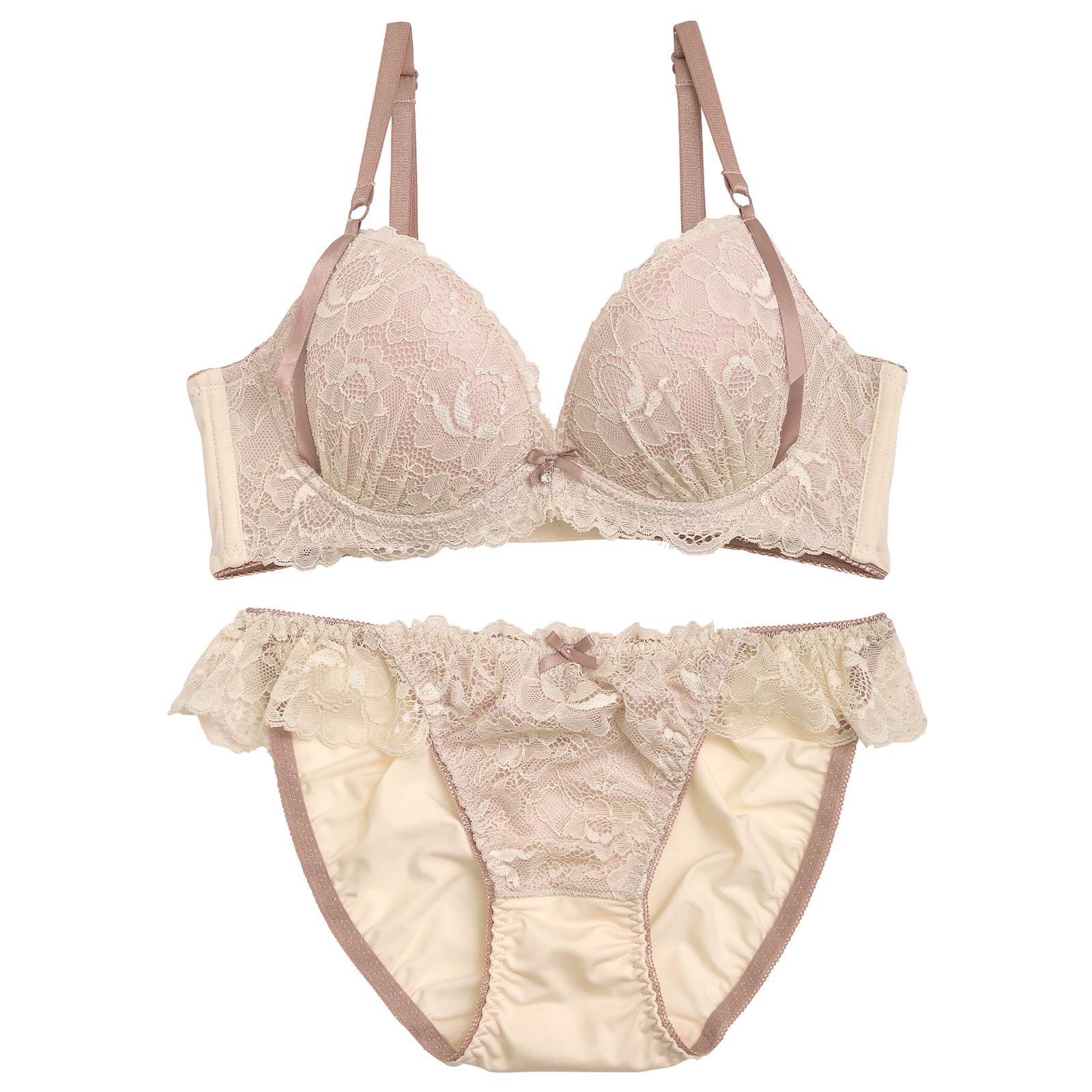 【ノンワイヤー】【EFサイズ】バイカラーラインフラワーレース育乳脇高ブラジャー&フルバックショーツ