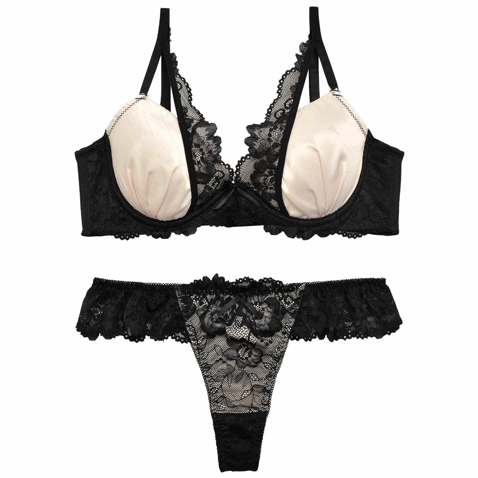 2/21再販!ジュエリーサテンレース育乳脇高ブラジャー&バック透けTバックショーツ - 【公式】247Lingerie