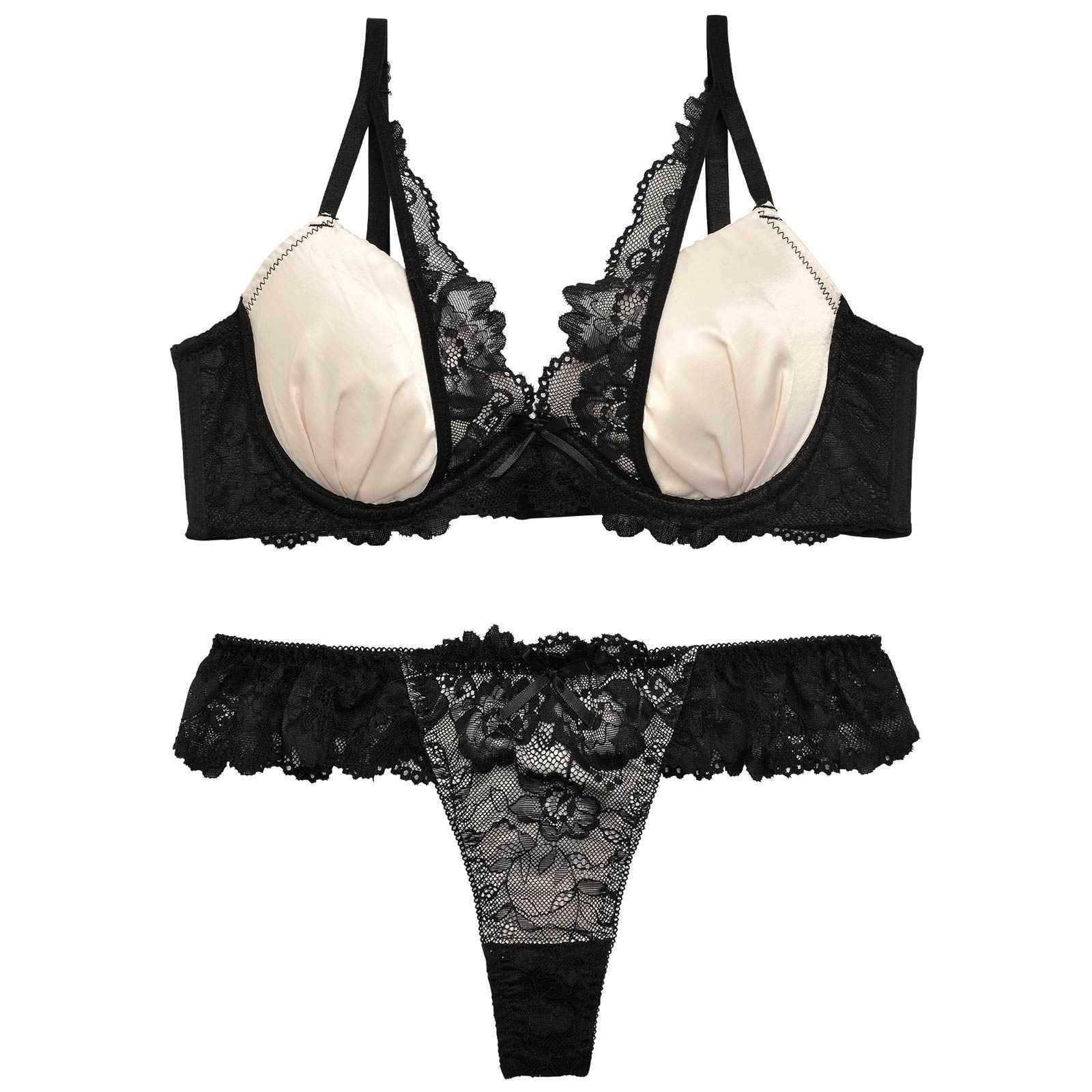 2/21再販!【EFサイズ】ジュエリーサテンレース育乳脇高ブラジャー&バック透けTバックショーツ - 【公式】247Lingerie