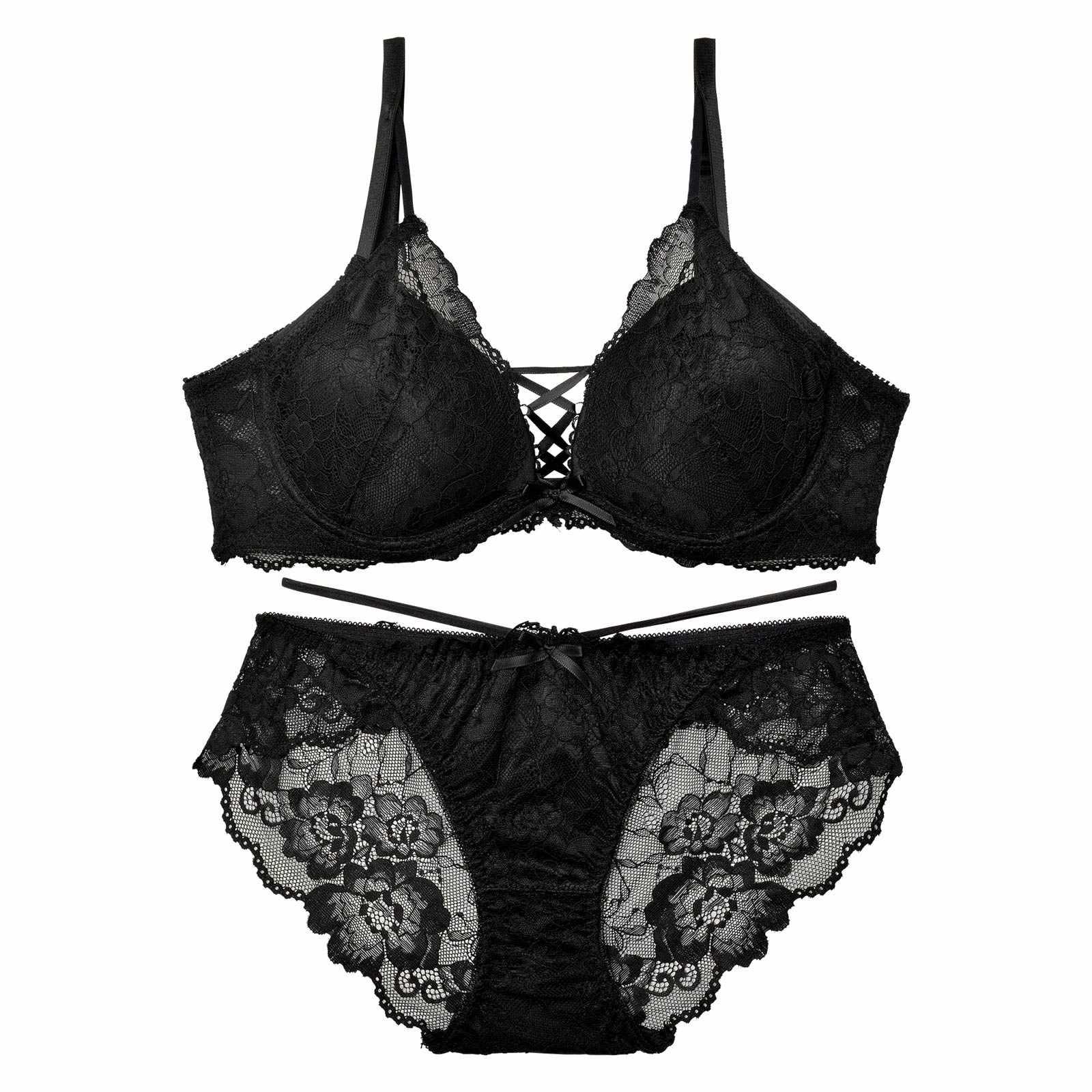 【EFサイズ】オールフラワーレースアップブラジャー&バック透けフルバックショーツ - 【公式】247Lingerie