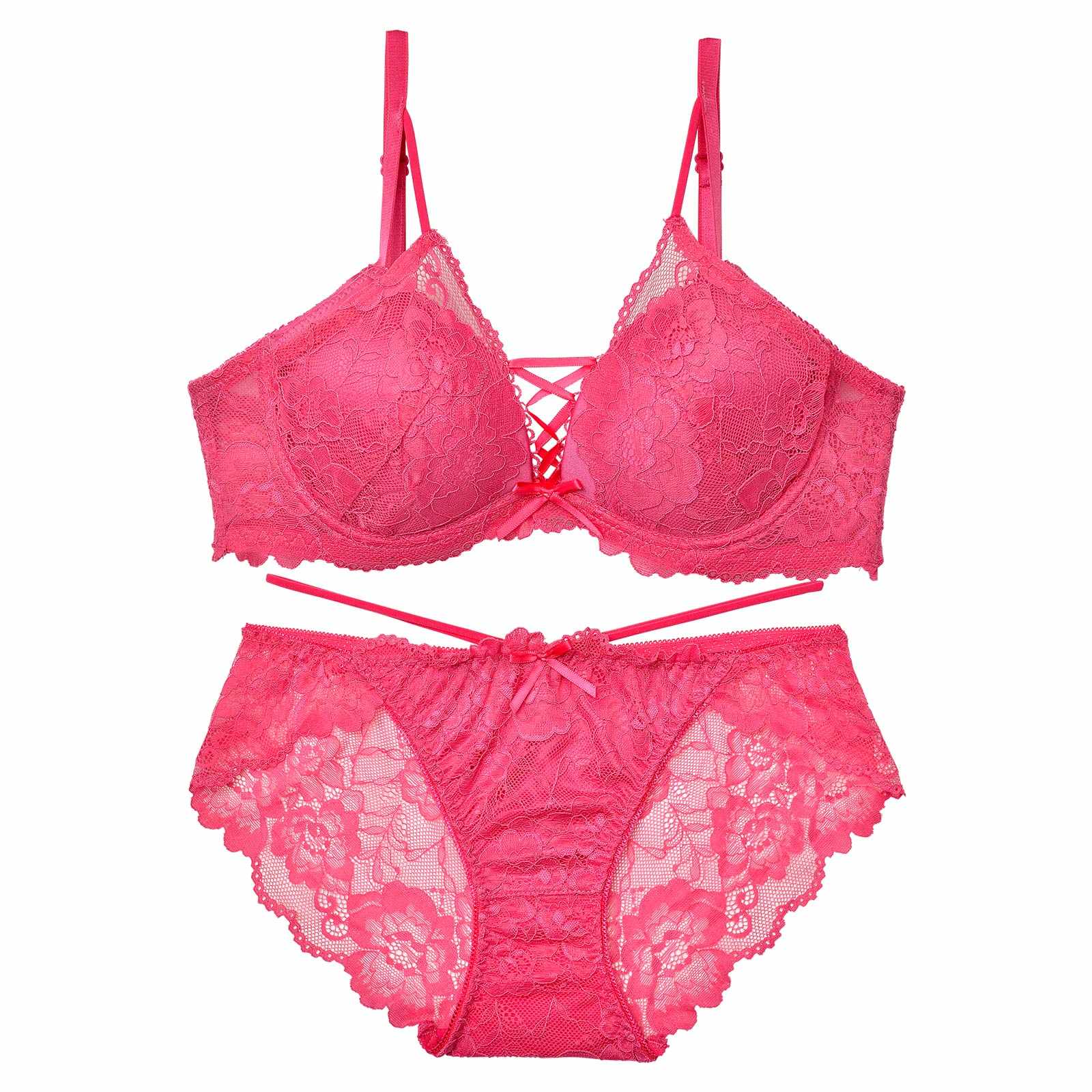 11/28再販!【EFサイズ】オールフラワーレースアップブラジャー&バック透けフルバックショーツ