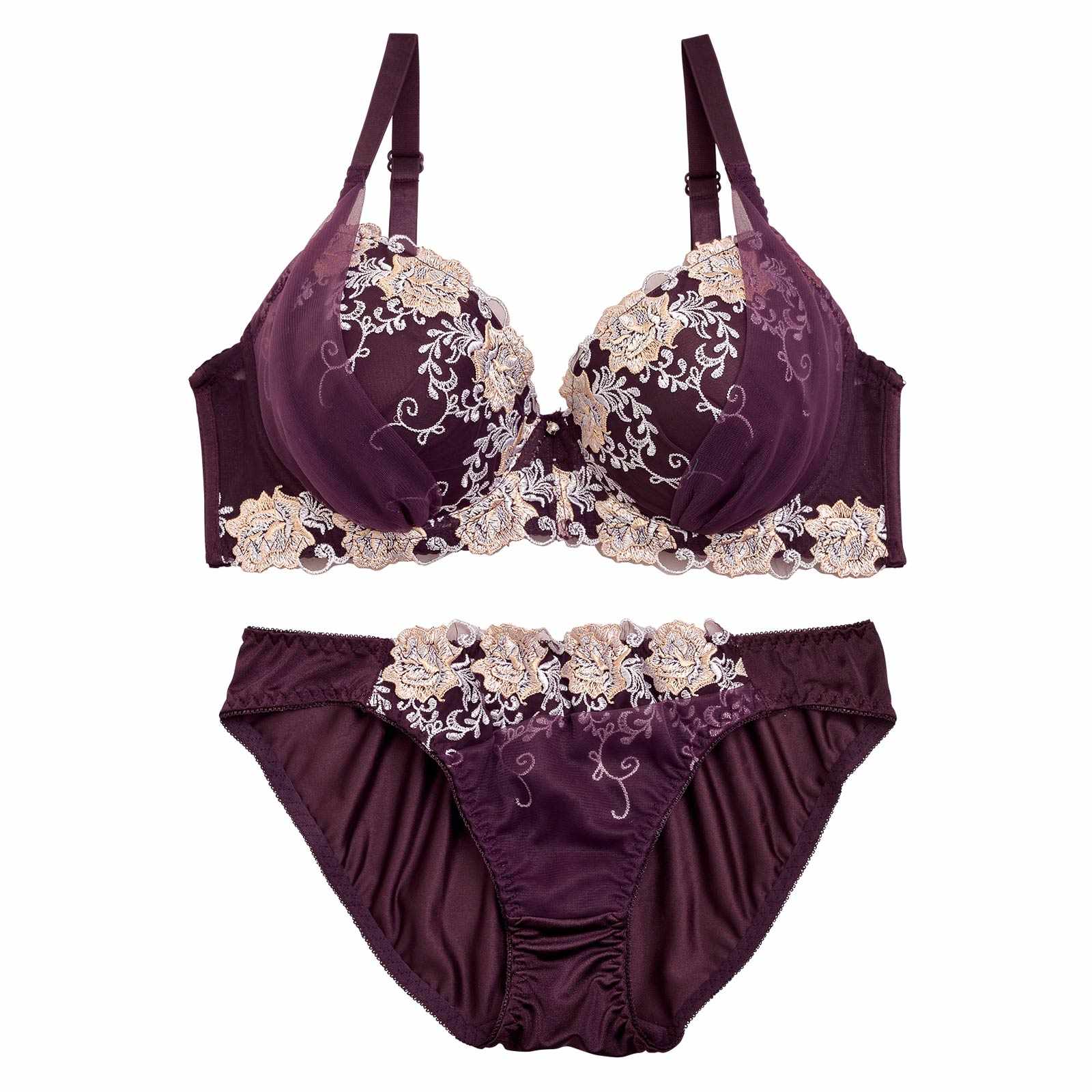 【EFサイズ】グロッシィフラワーエンブロイダリー育乳脇高ブラジャー&フルバックショーツ