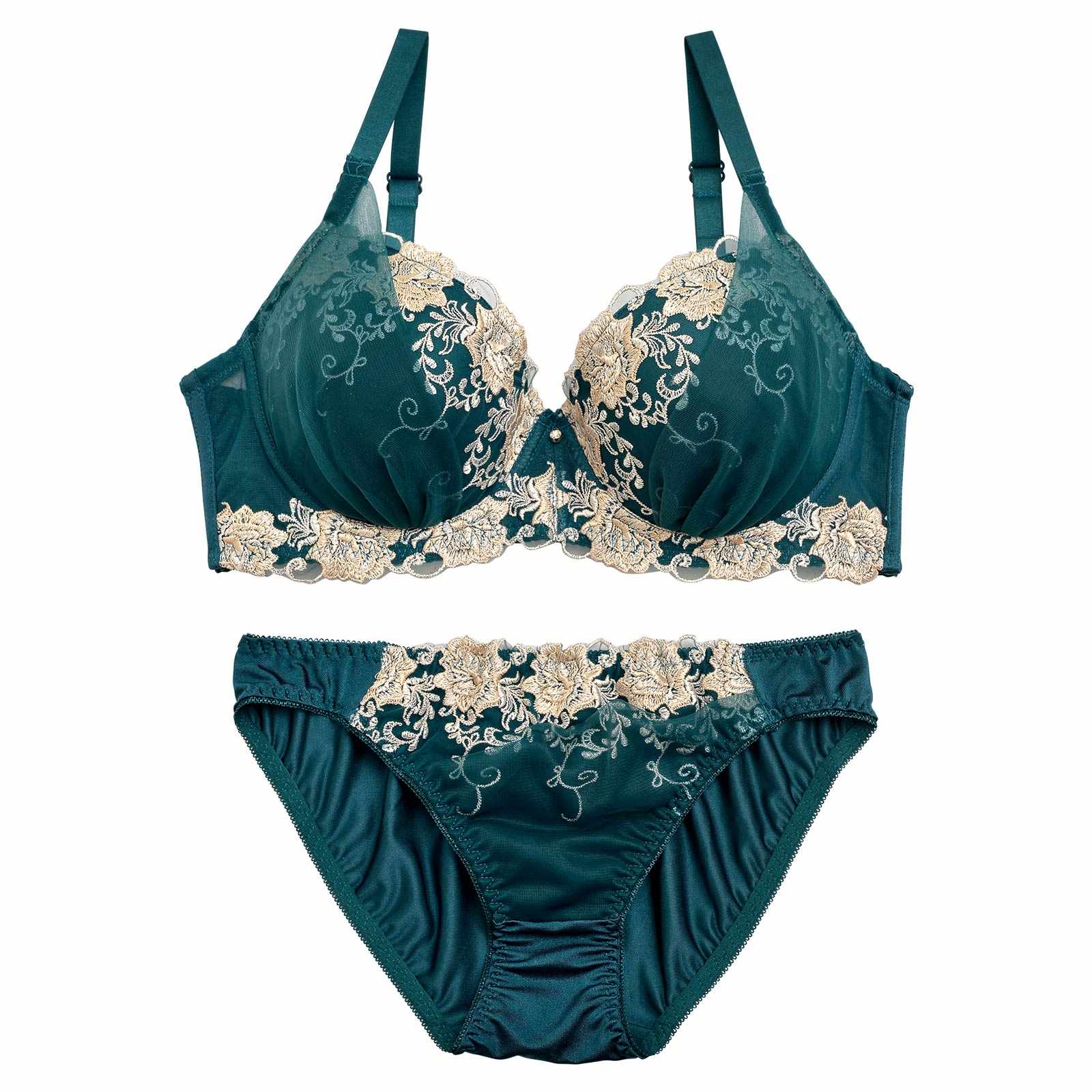 【EFサイズ】グロッシィフラワーエンブロイダリー育乳脇高ブラジャー&フルバックショーツ