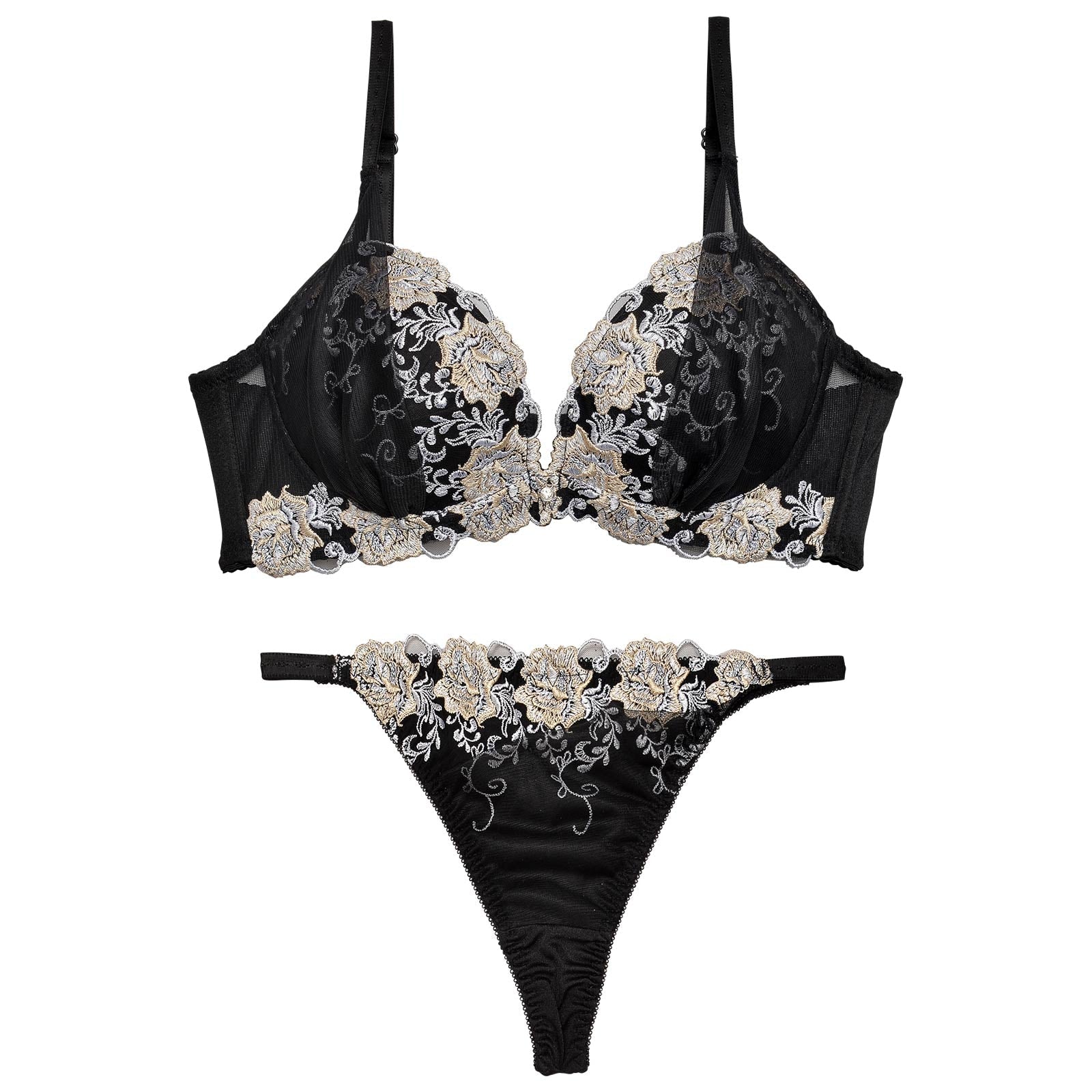 【三上悠亜着用】グロッシィフラワーエンブロイダリー育乳脇高ブラジャー&Tバックショーツ