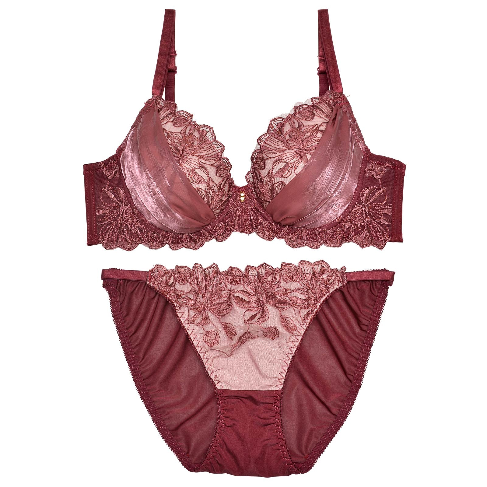 サテンチュールエンブロイダリーブラジャー&フルバックショーツ