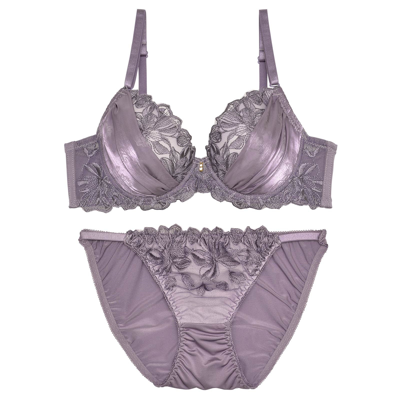 サテンチュールエンブロイダリーブラジャー&フルバックショーツ