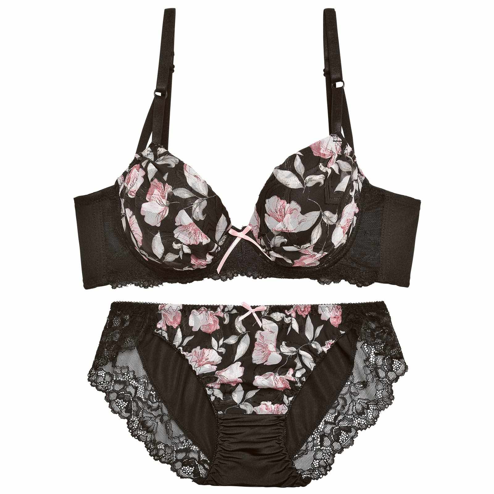 フェミニンフローラルシフォン育乳脇高ブラジャー&フルバックショーツ