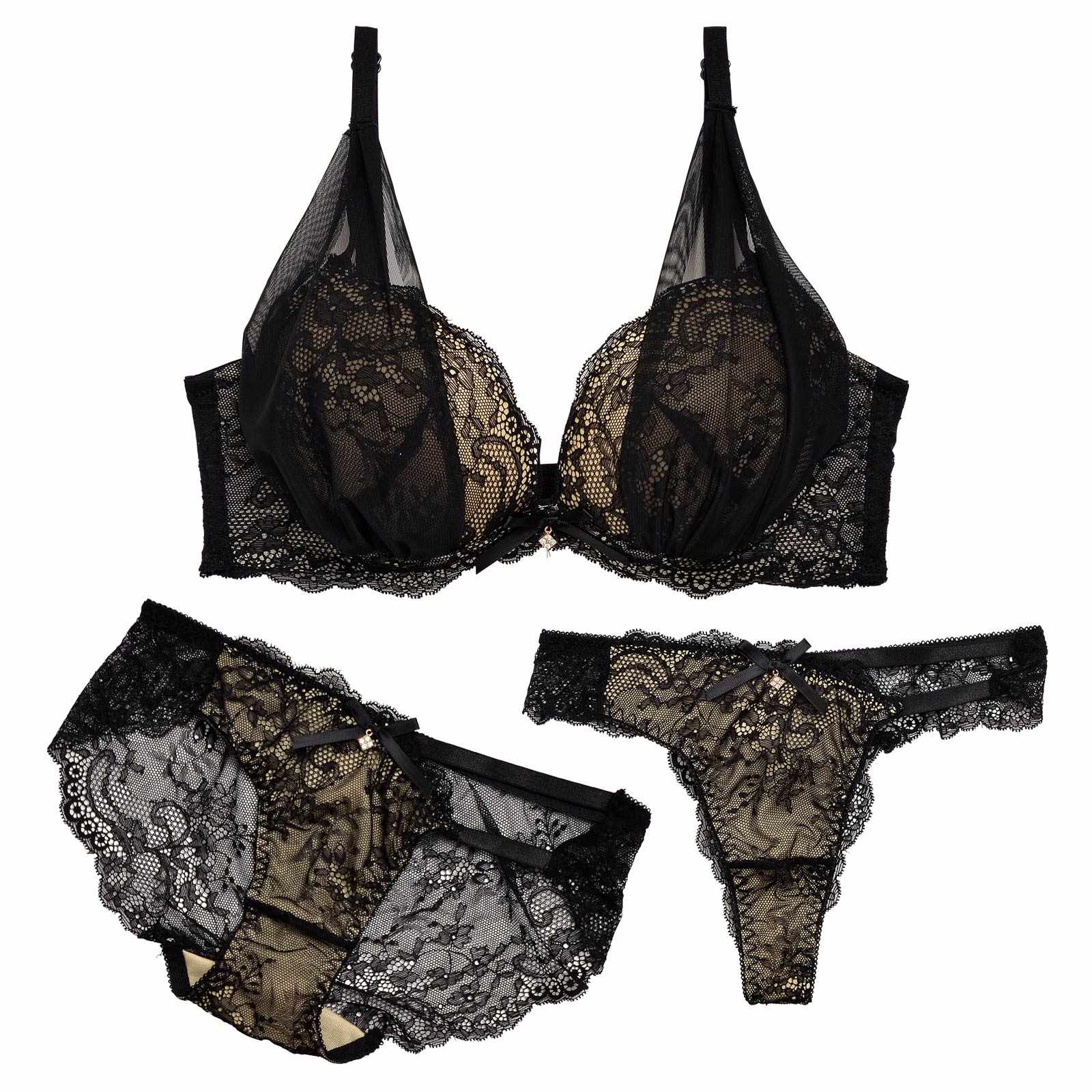 10/16再販!【三上悠亜着用】【3点セット】【GHIサイズ】ヌーディベールセクシー育乳脇高ブラジャー&バック透けフルバック&Tバックショーツ