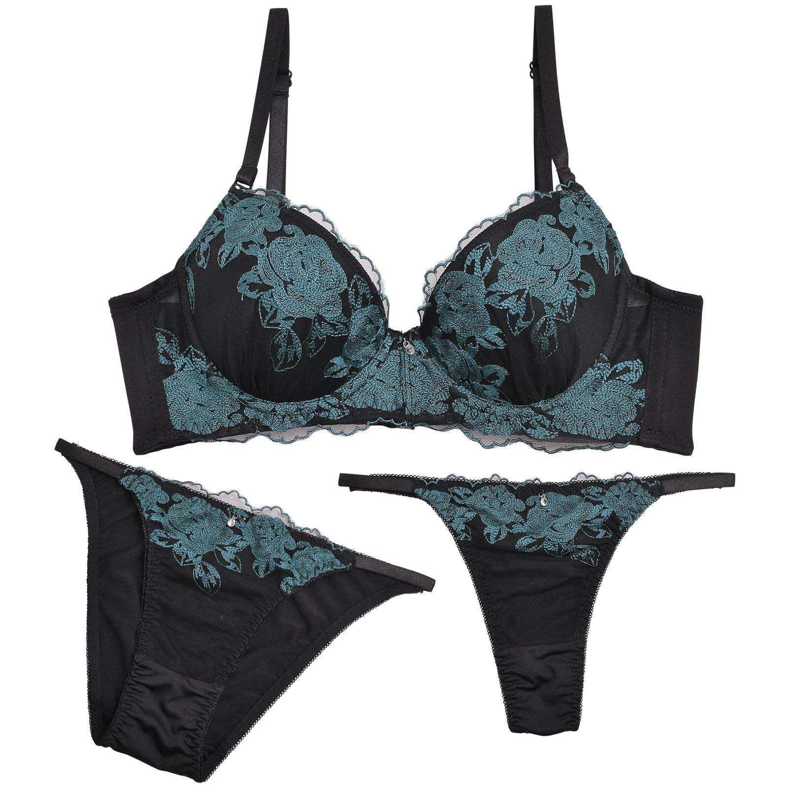 【3点セット】ディープローズエンブロイダリー育乳脇高ブラジャー&フルバック&Tバックショーツ