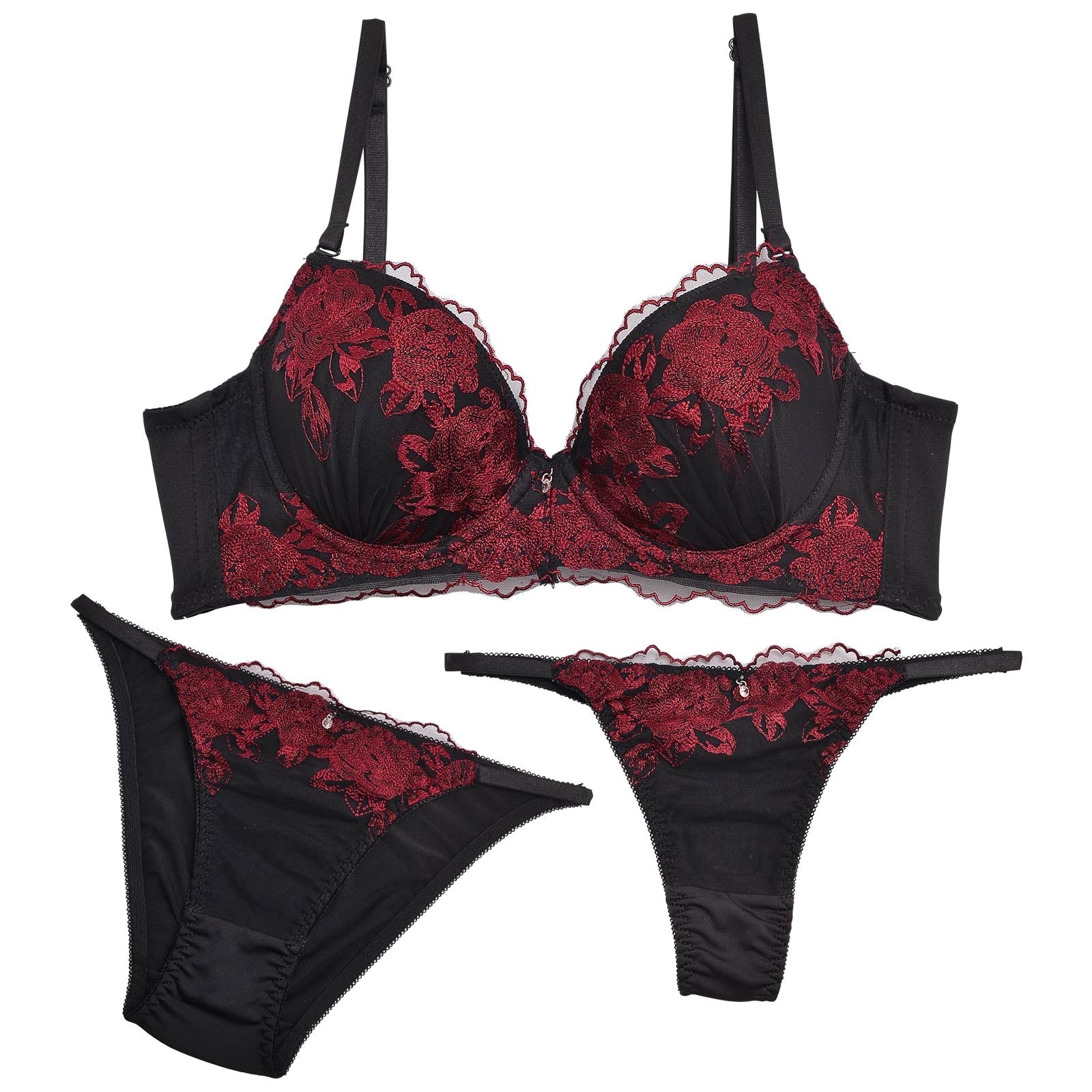 【3点セット】ディープローズエンブロイダリー育乳脇高ブラジャー&フルバック&Tバックショーツ