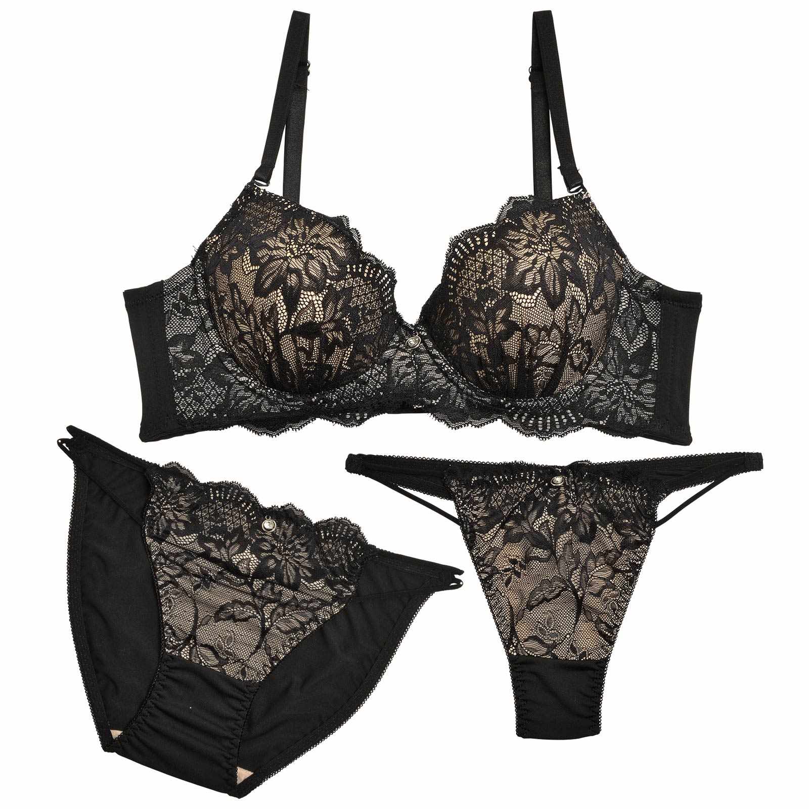 【3点セット】アリュールヌーディーレース育乳脇高ブラジャー&フルバックショーツ&Tバックショーツ