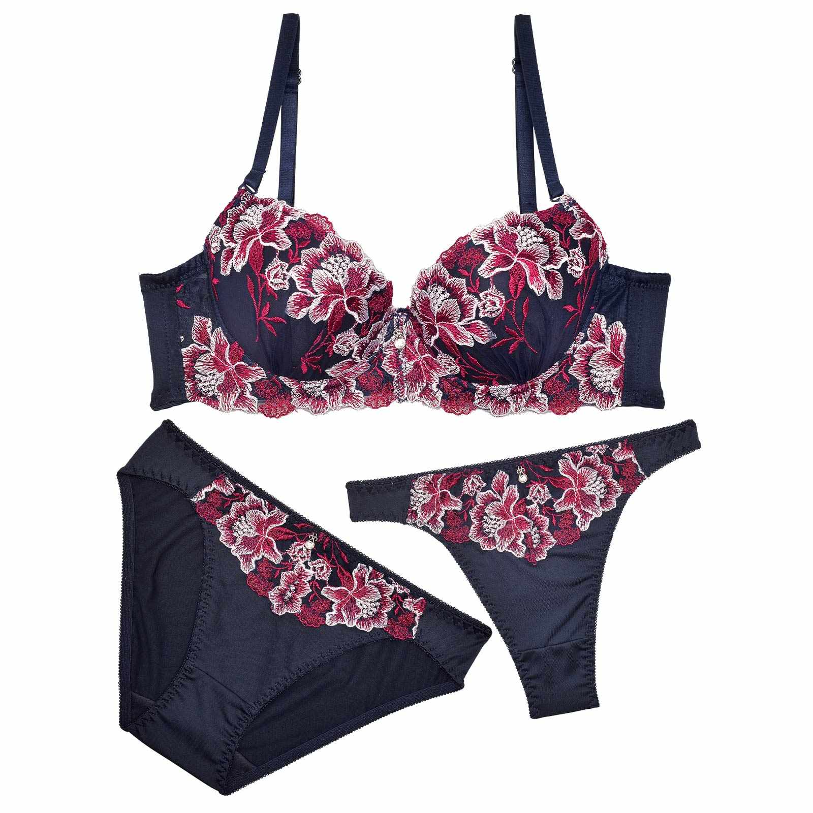 【3点セット】クラッシーブルーミングローズ育乳脇高ブラジャー&フルバック&Tバックショーツ