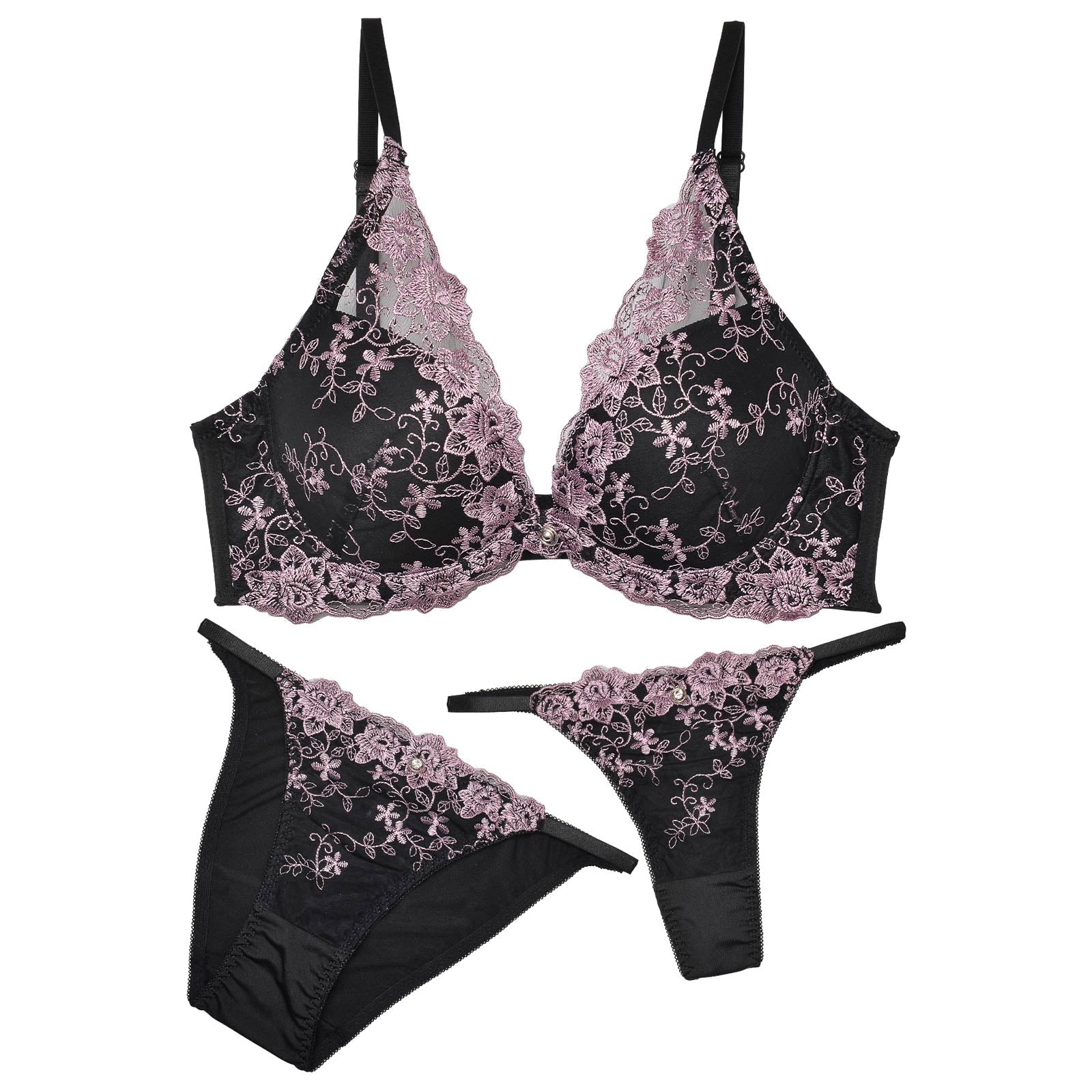 三上悠亜着用【3点セット】ビューティフルアイビーローズ育乳脇高ブラジャー&フルバック&Tバックショーツ