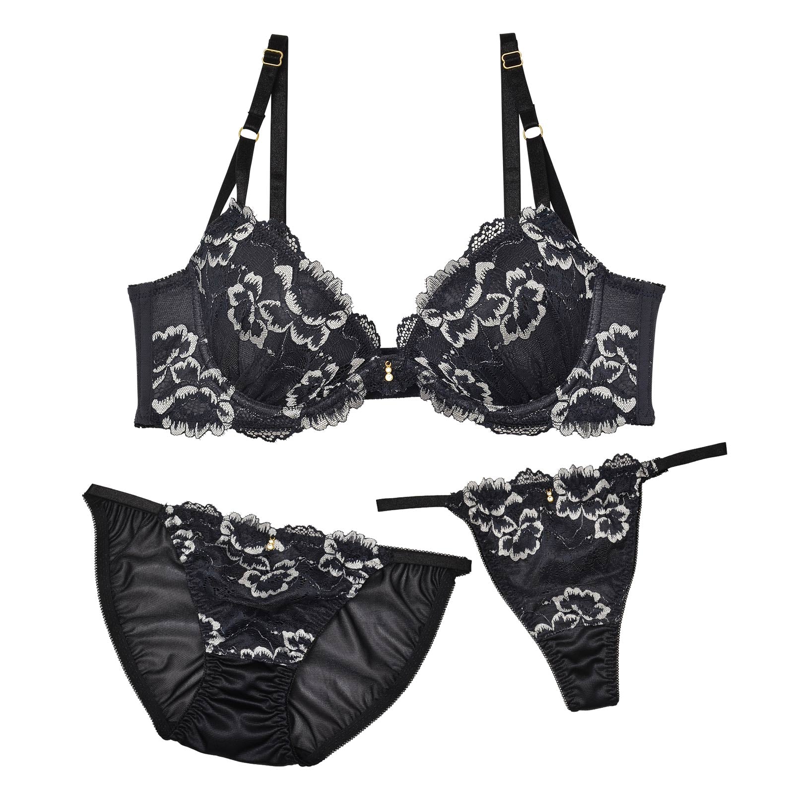 【3点セット】シックグロッシーブルームブラジャー&フルバック&Tバックショーツ