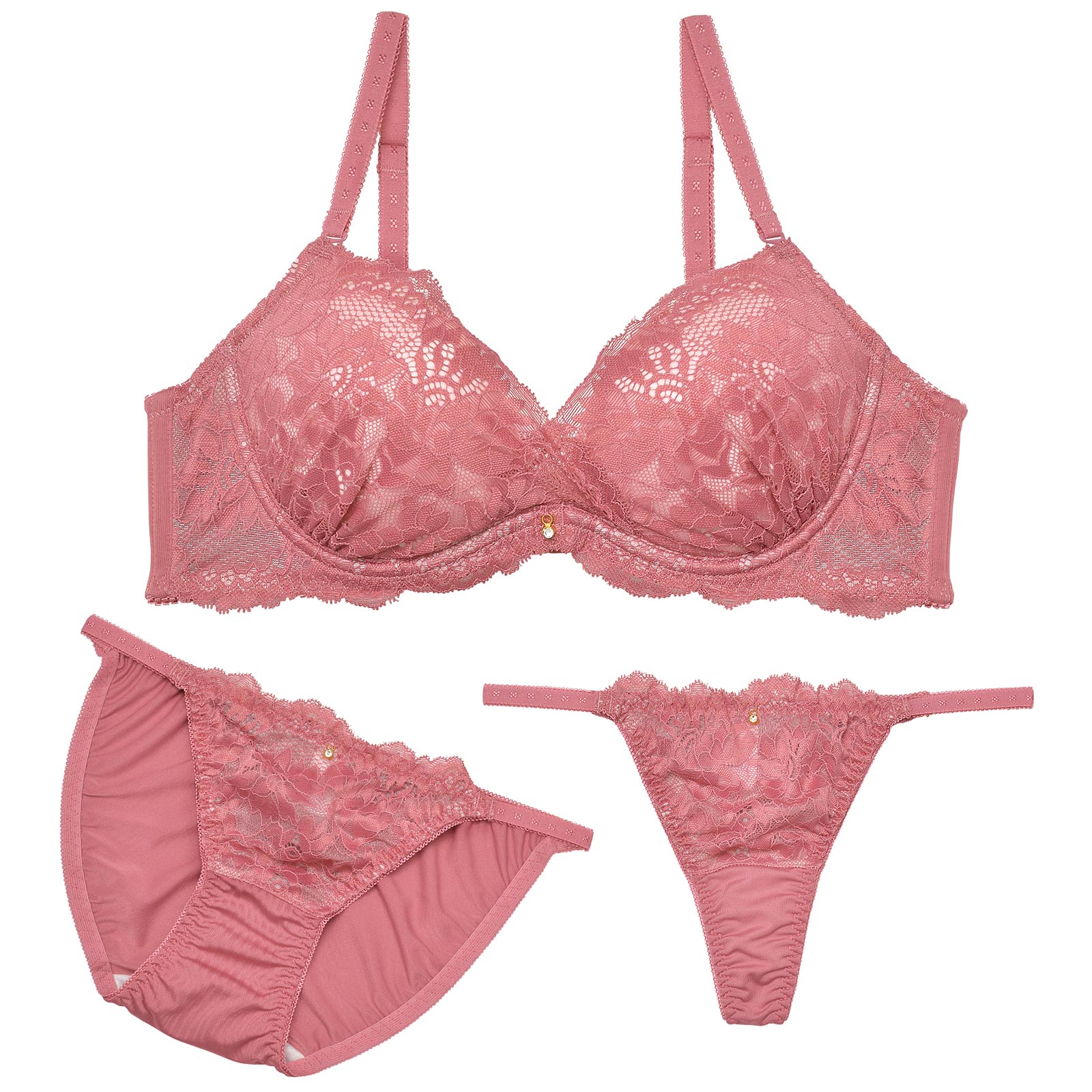 【3点セット】フェミニンカシュクールレースブラジャー&フルバック&Tバックショーツ