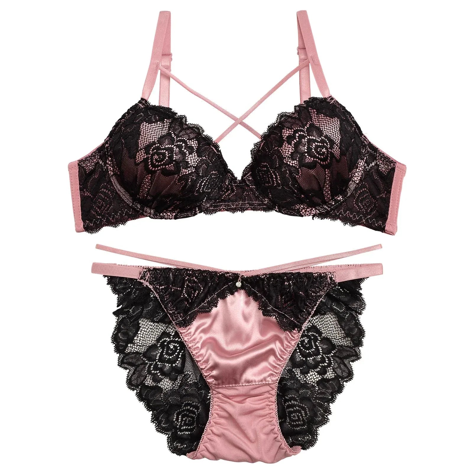 2/20再販!【EFサイズ】サテンflowerレースクロスコードブラジャー&バック透けフルバックショーツ - 【公式】247Lingerie