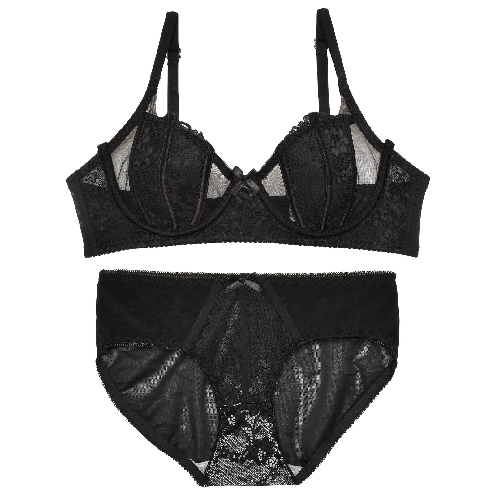 シースルーディープフラワーブラジャー&バック透けフルバックショーツ