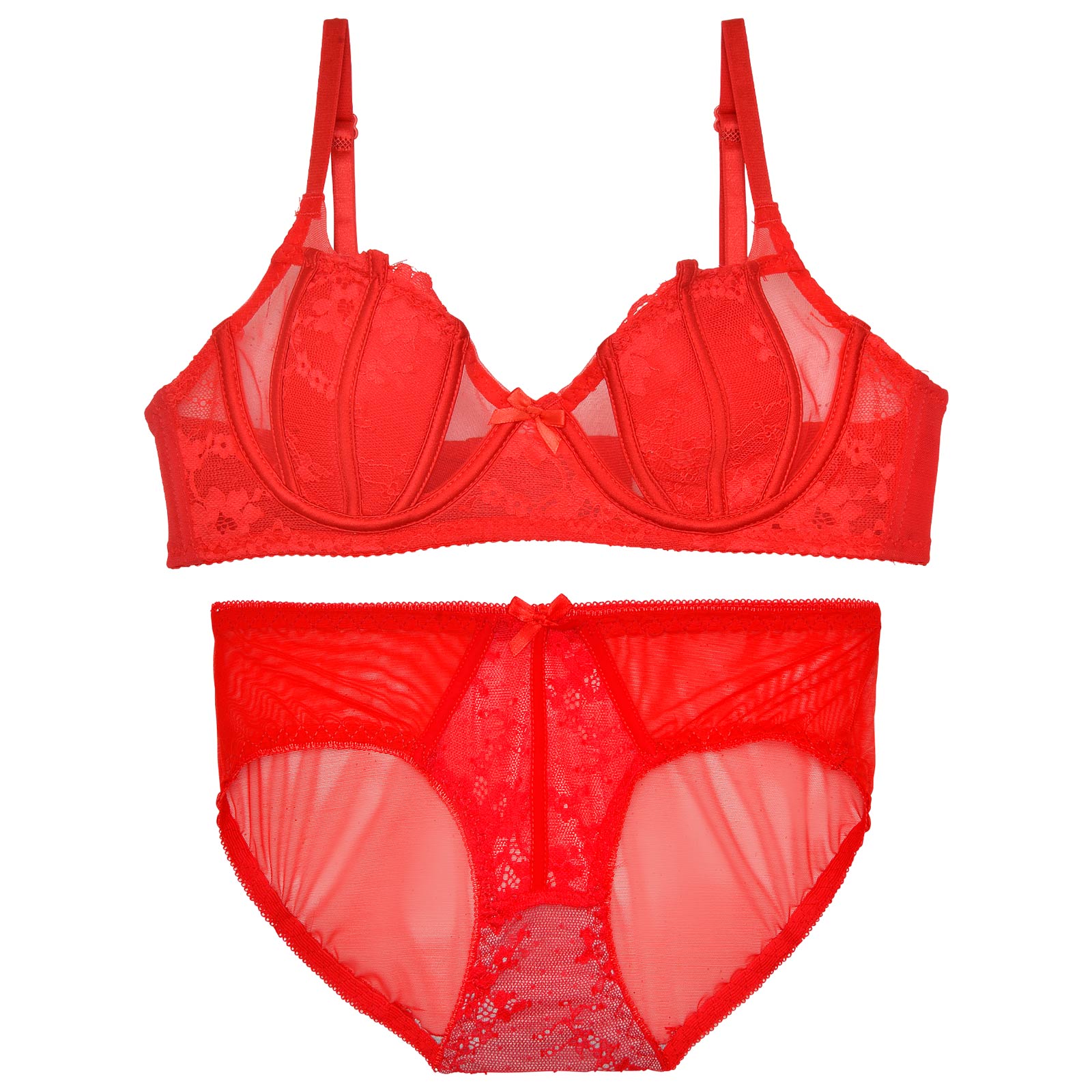 シースルーディープフラワーブラジャー&バック透けフルバックショーツ