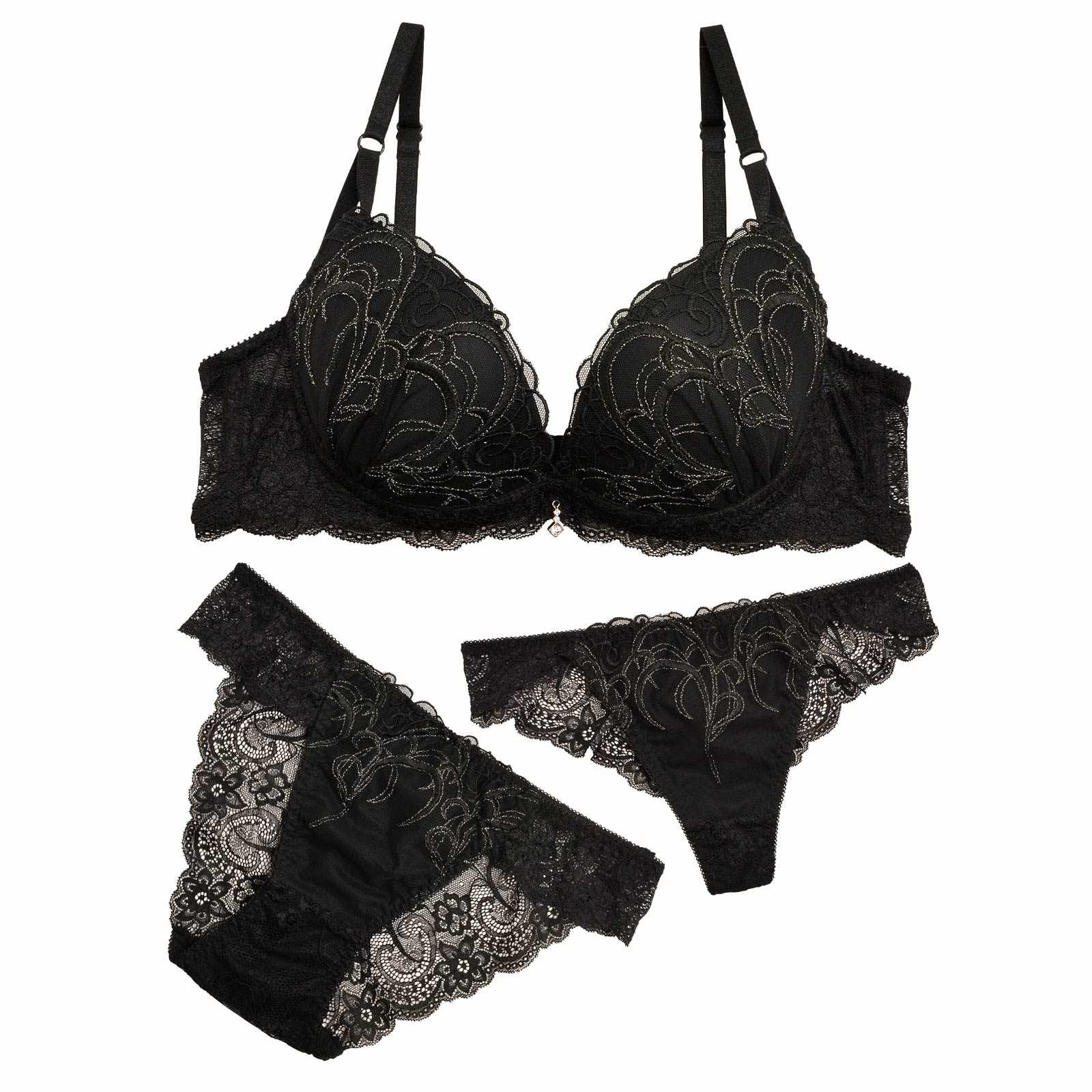 12/17再販!【3点セット】ナチュラルプティエンブロイダリーブラジャー&バック透けフルバックショーツ&Tバックショーツ