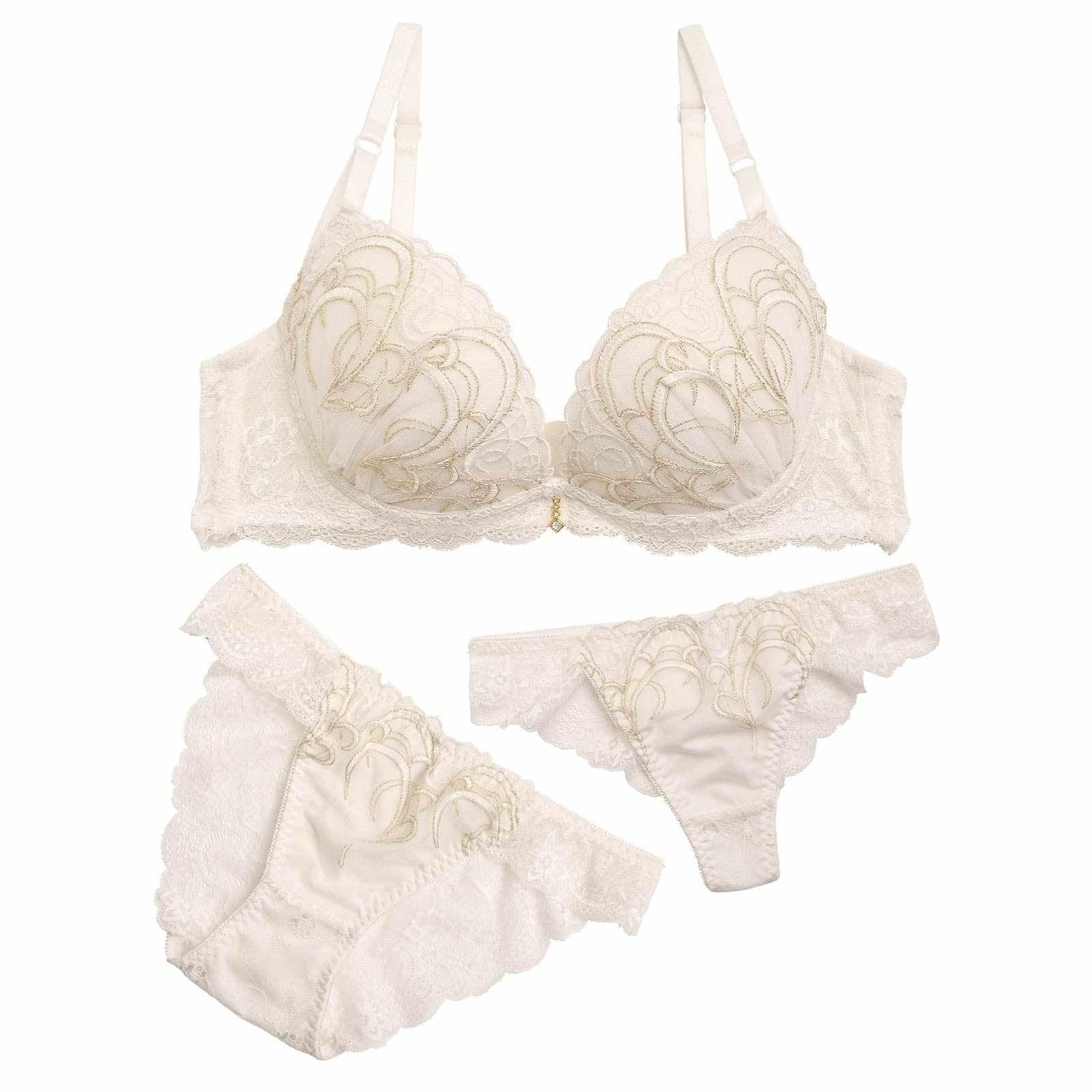 【3点セット】ナチュラルプティエンブロイダリーブラジャー&バック透けフルバックショーツ&Tバックショーツ - 【公式】247Lingerie