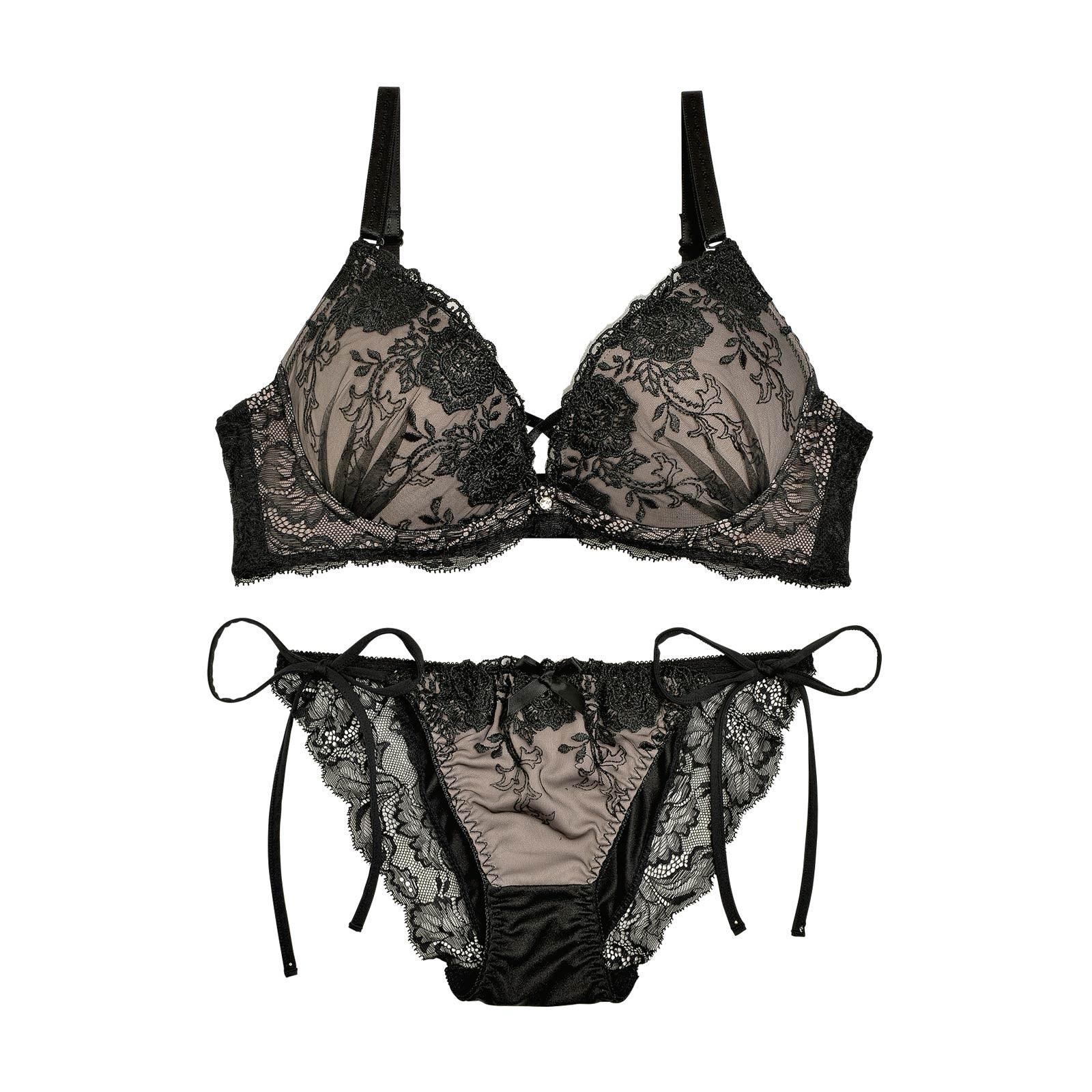 2/3再販!【三上悠亜着用】スモーキーカラー×ブラックフラワー刺繍ブラジャー&サイド紐フルバックショーツ - 【公式】247Lingerie