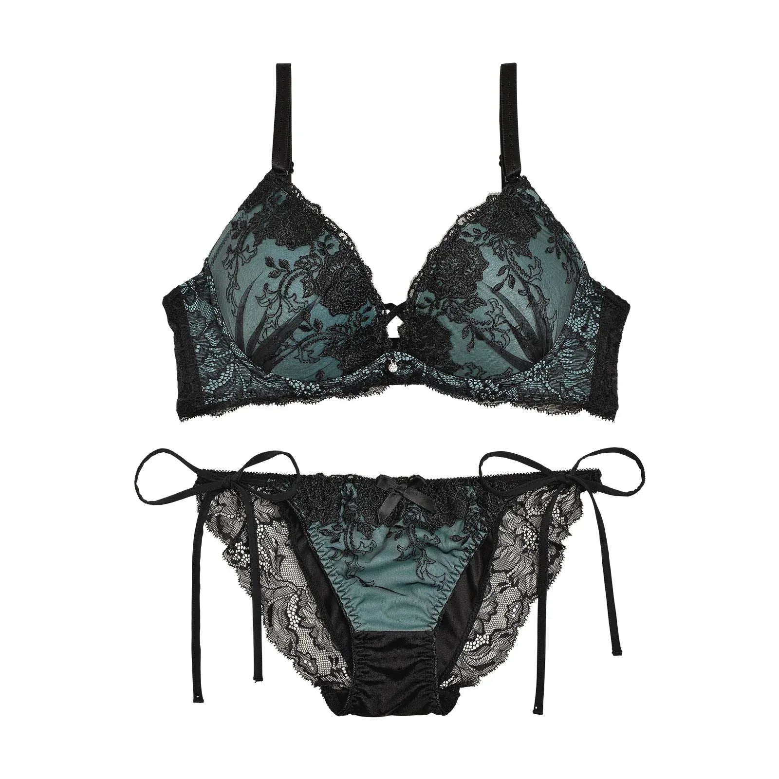2/3再販!【三上悠亜着用】スモーキーカラー×ブラックフラワー刺繍ブラジャー&サイド紐フルバックショーツ - 【公式】247Lingerie