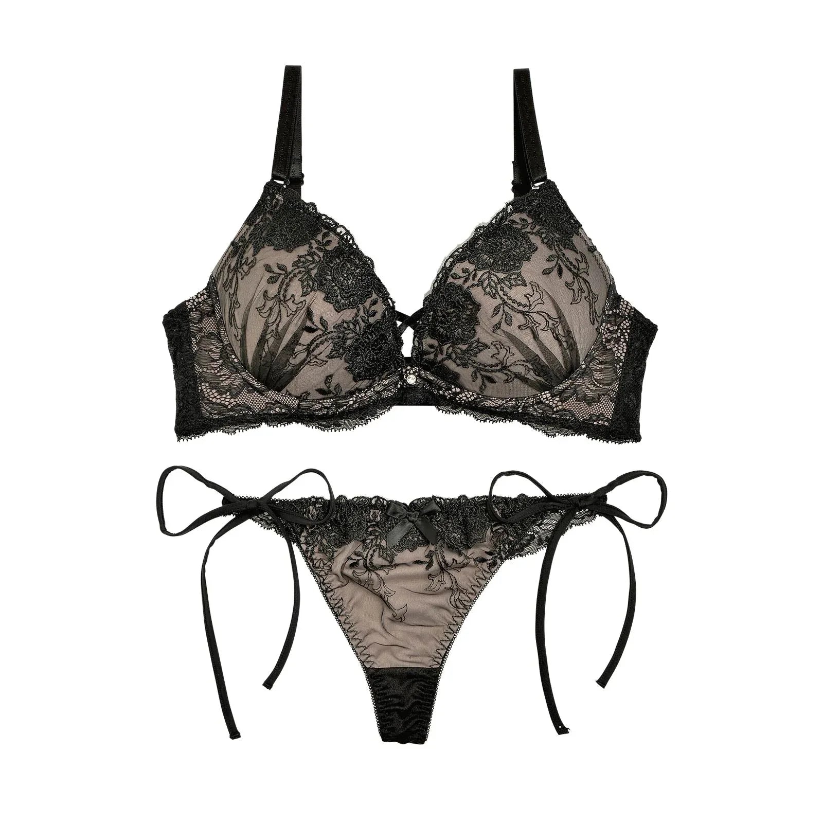 2/3再販!【三上悠亜着用】スモーキーカラー×ブラックフラワー刺繍ブラジャー&サイド紐Tバック - 【公式】247Lingerie