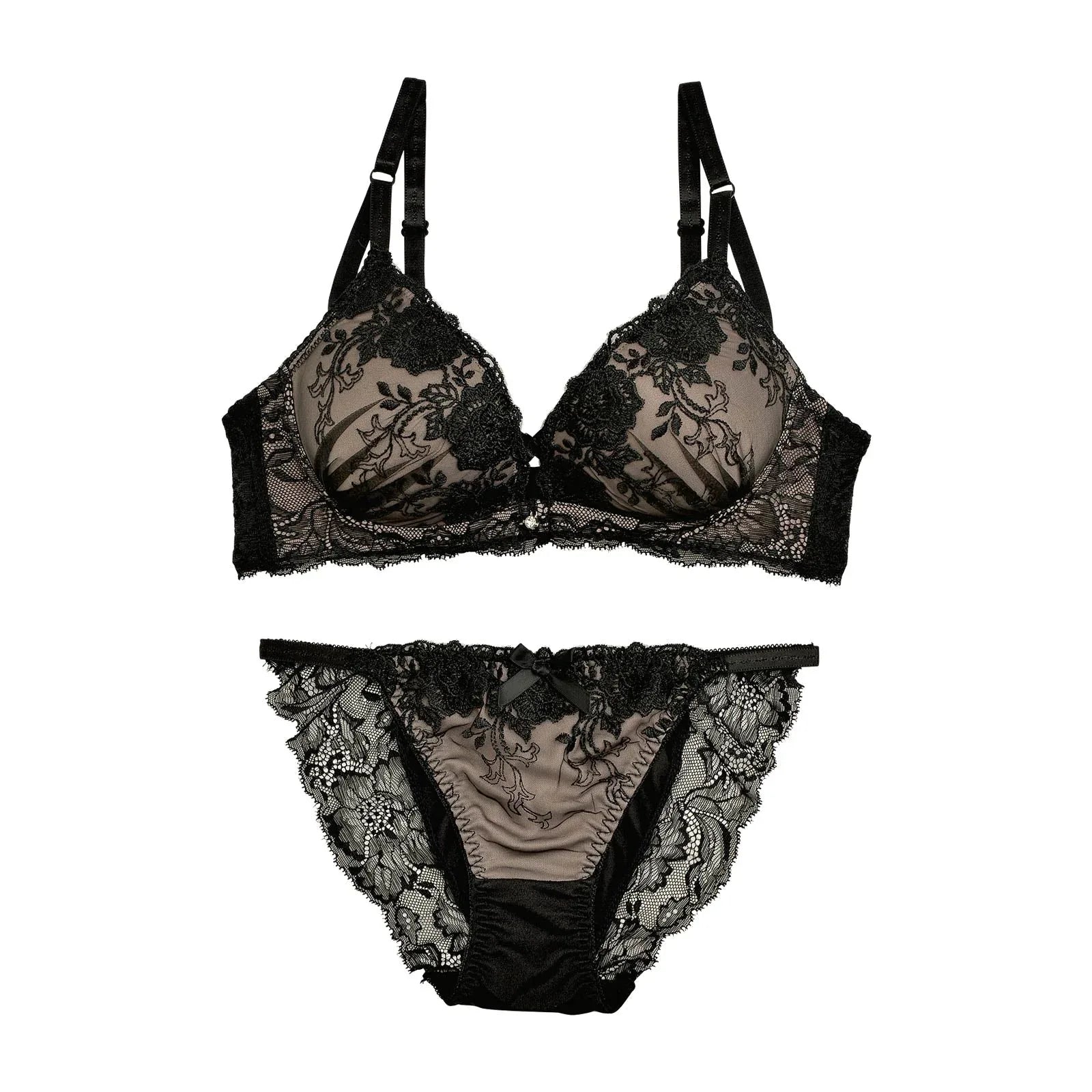 2/3再販!【ノンワイヤー】スモーキーカラー×ブラックフラワー刺繍ブラジャー&フルバックショーツ - 【公式】247Lingerie