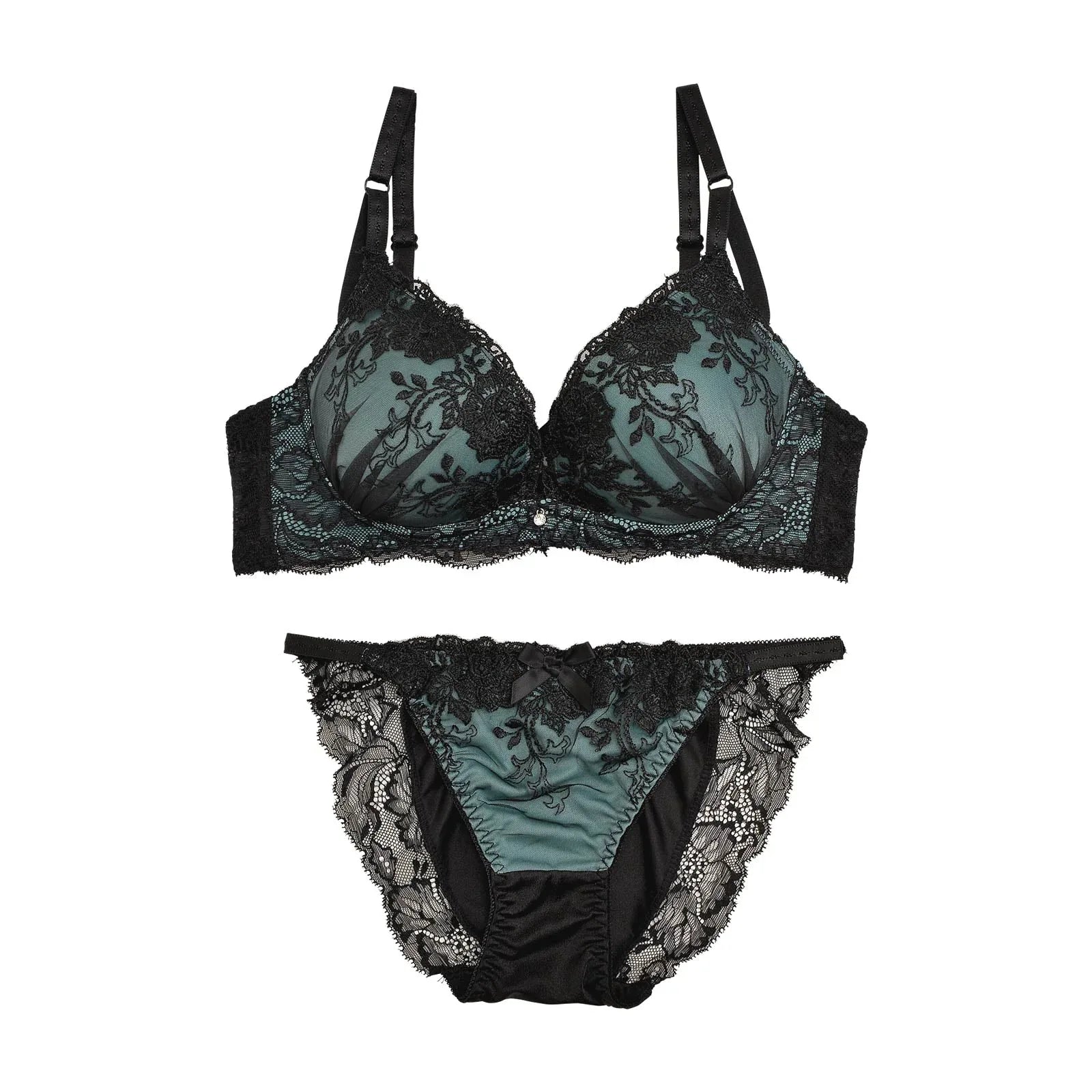 2/3再販!【ノンワイヤー】スモーキーカラー×ブラックフラワー刺繍ブラジャー&フルバックショーツ - 【公式】247Lingerie