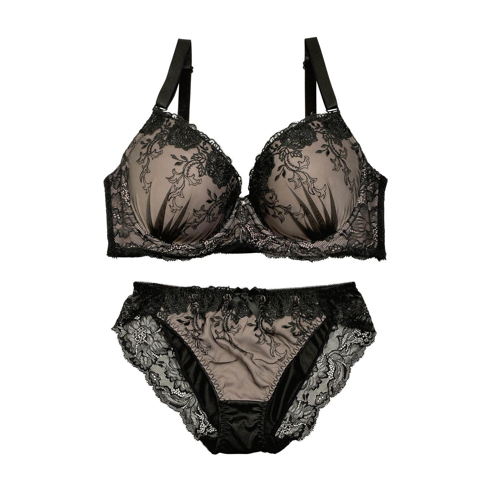 2/3再販!【EFサイズ】スモーキーカラー×ブラックフラワー刺繍ブラジャー&フルバックショーツ - 【公式】247Lingerie