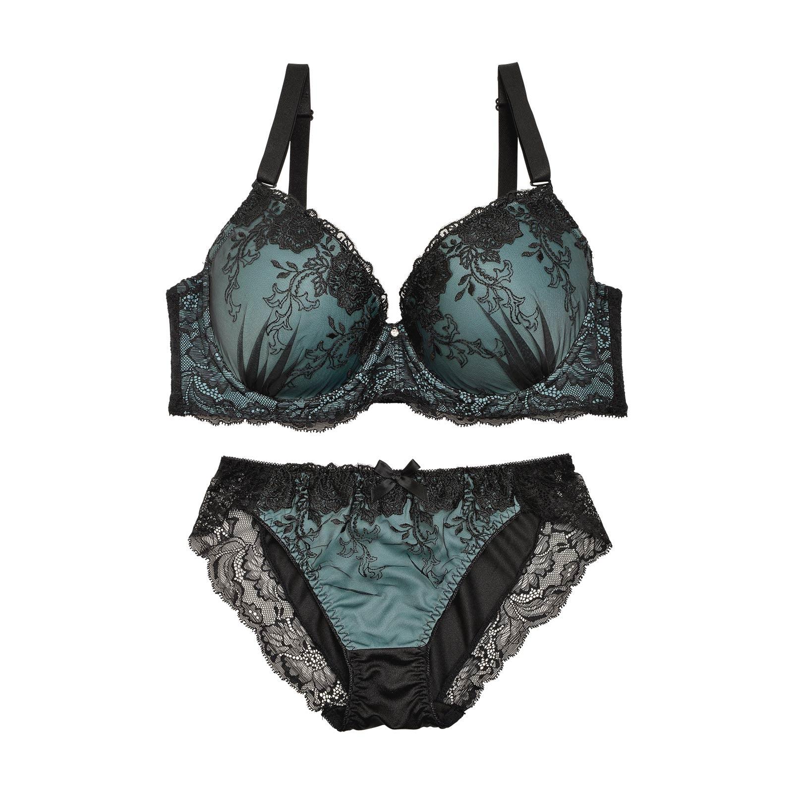 2/3再販!【EFサイズ】スモーキーカラー×ブラックフラワー刺繍ブラジャー&フルバックショーツ - 【公式】247Lingerie