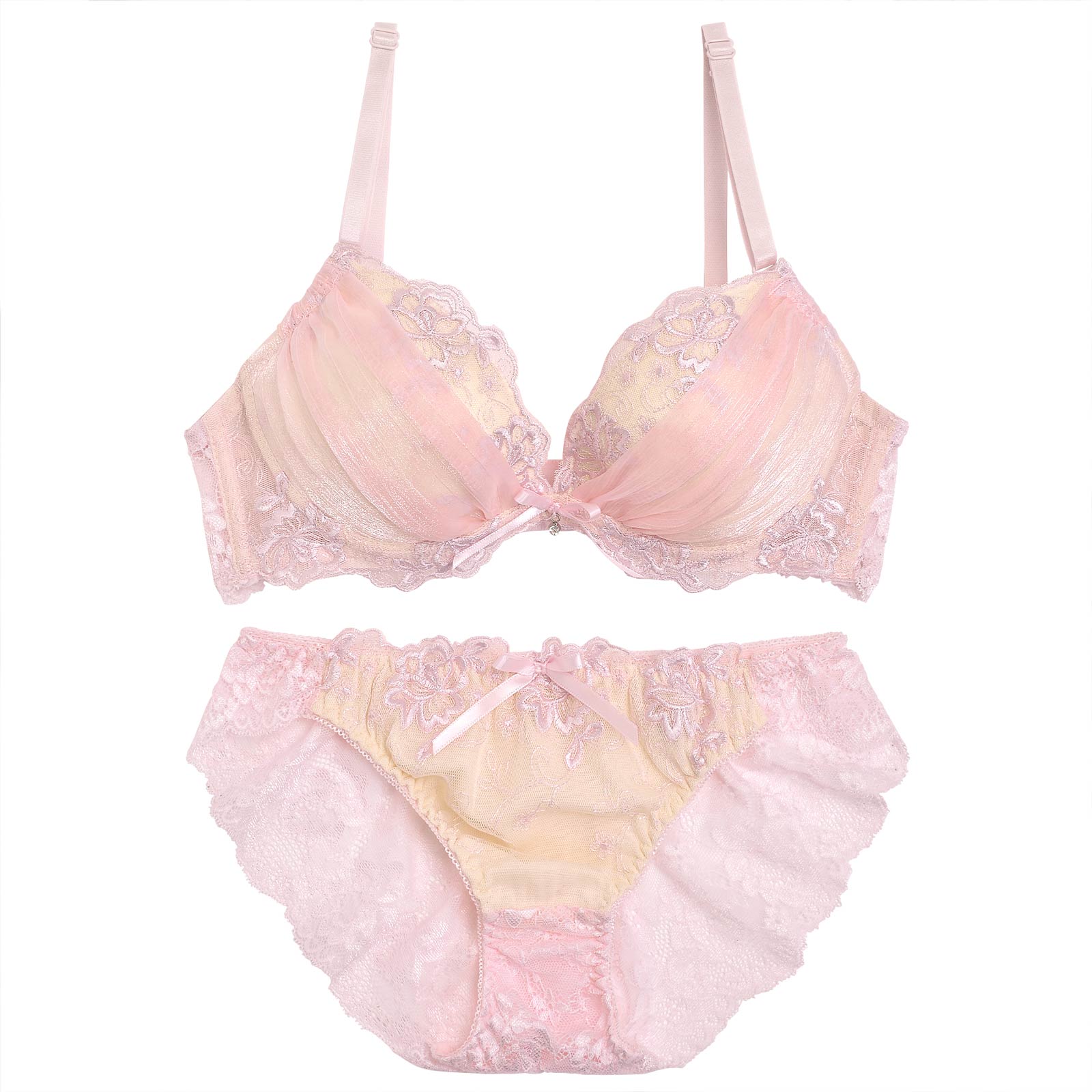 11/13再販!【三上悠亜ちゃん着用】2wayパッド付パステルレースxヌーディーブラジャー&バック透けフルバックショーツ