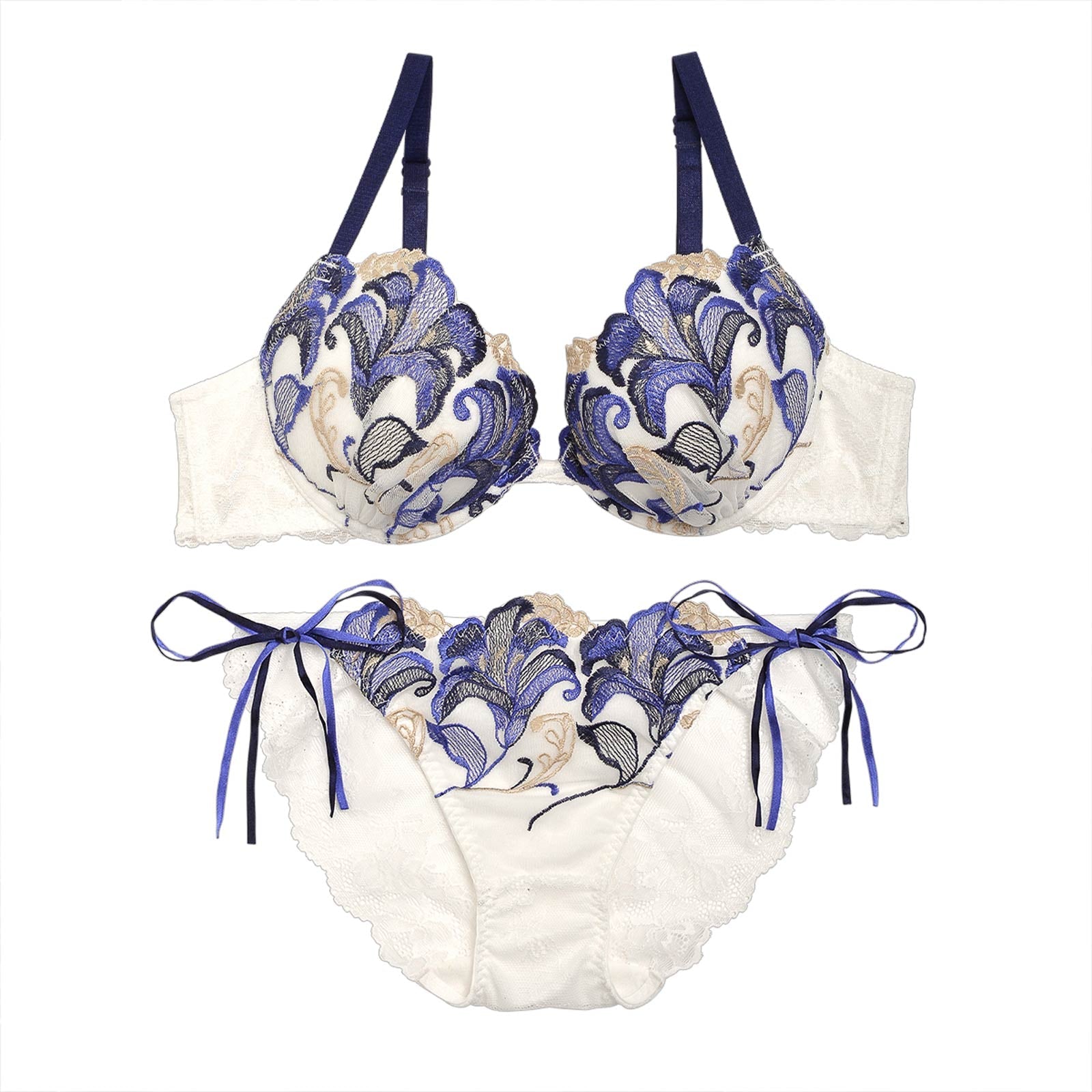 【永尾まりや着用】【Reinest】ディープリリー刺繍ブラジャー&サイド紐バック透けフルバックショーツ - 【公式】247Lingerie