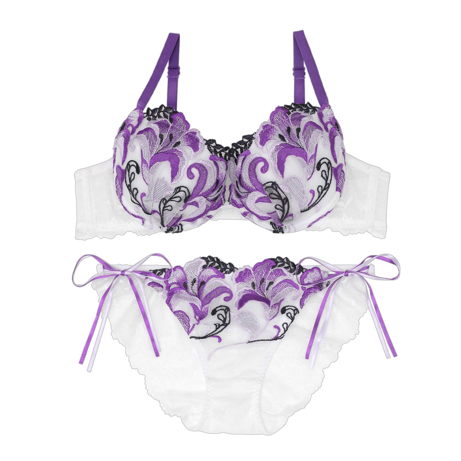 【永尾まりや着用】【Reinest】ディープリリー刺繍ブラジャー&サイド紐バック透けフルバックショーツ - 【公式】247Lingerie