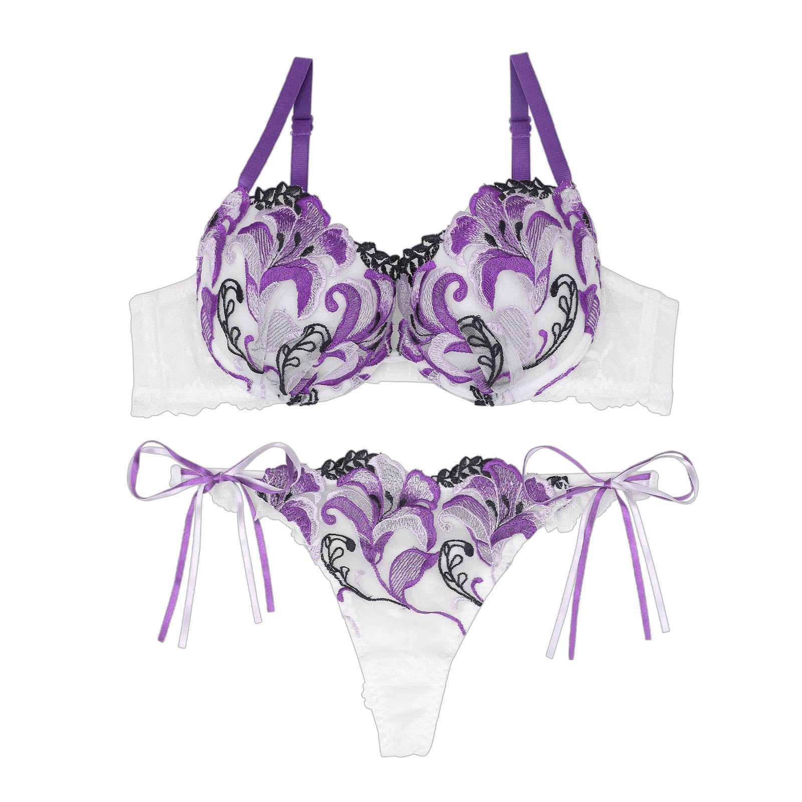 【永尾まりや着用】【Reinest】ディープリリー刺繍ブラジャー&サイド紐バック透けTバックショーツ - 【公式】247Lingerie