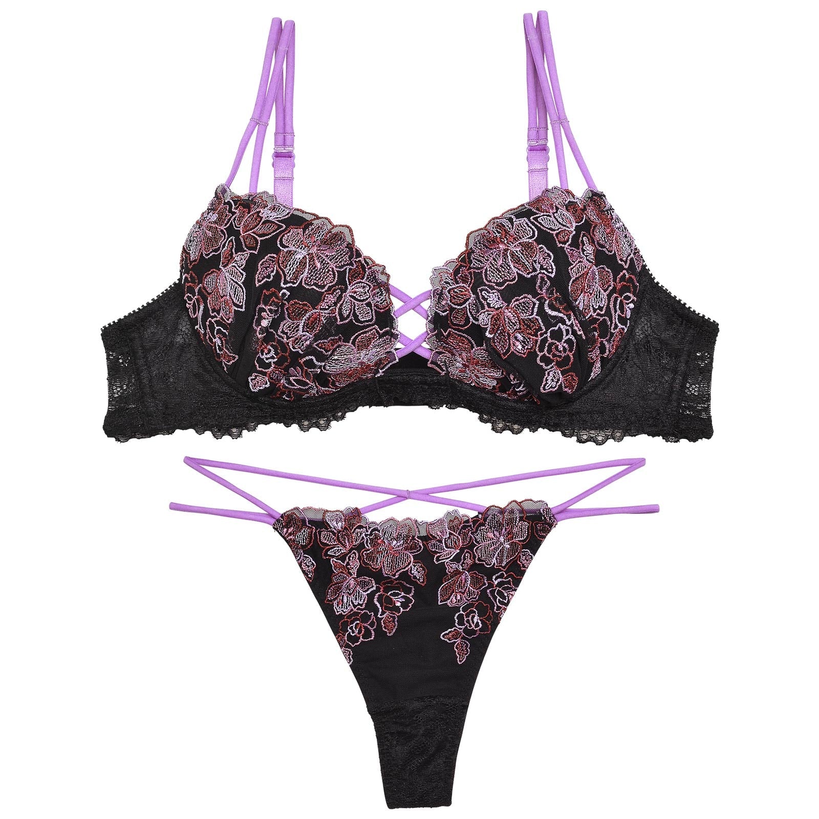 【Reinest】シャルムクロスフローリデブラジャー&バック透けTバックショーツ