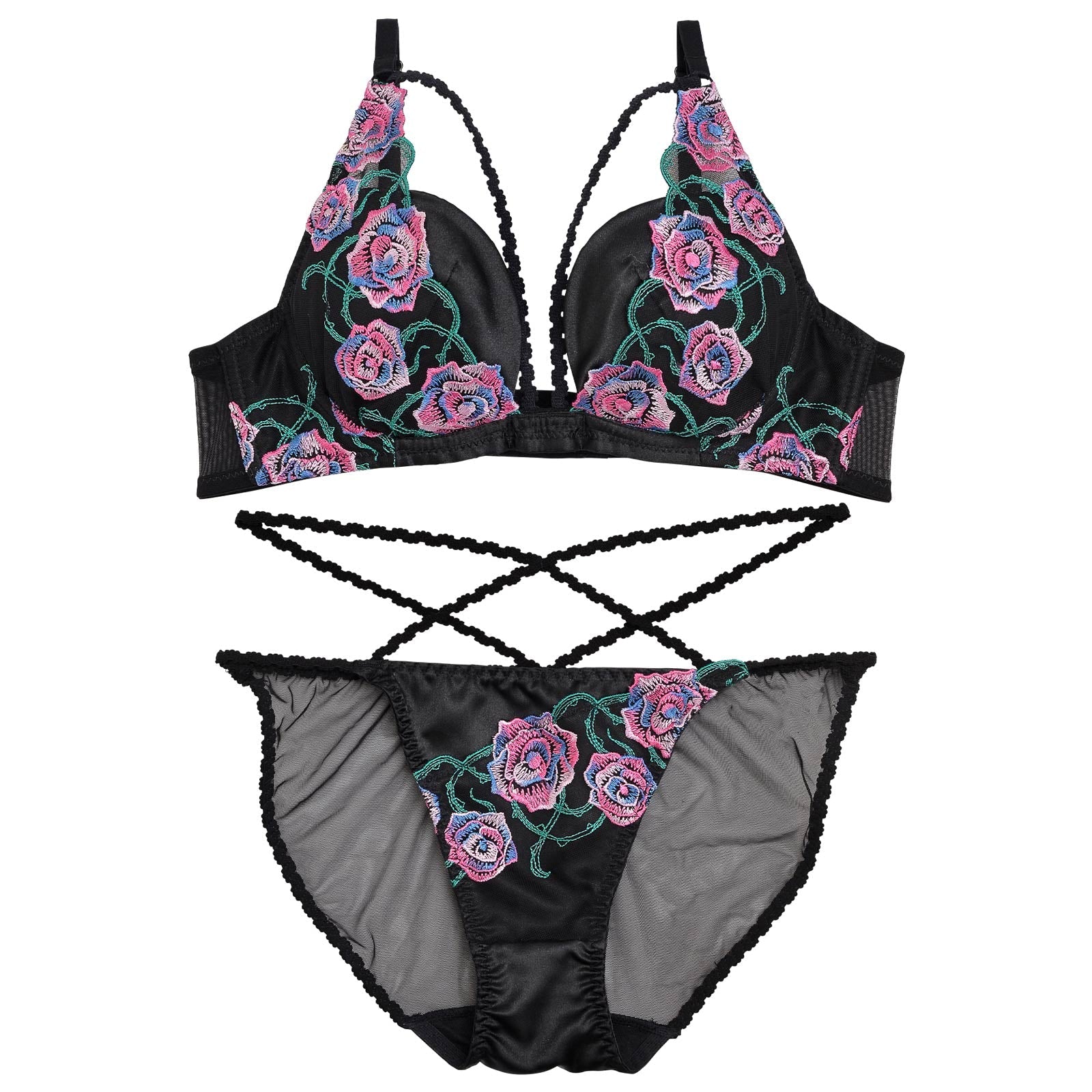 【Reinest】クラシカルグラデーションローズブラジャー&バック透けフルバックショーツ