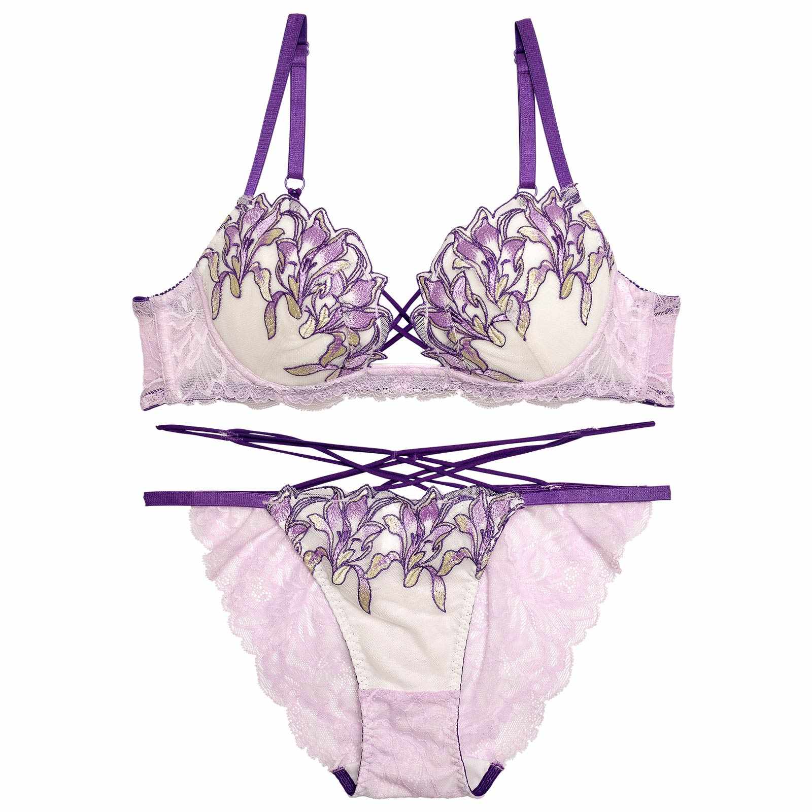 【Reinest】ストリングパープルリーリエブラジャー&バック透けフルバックショーツ