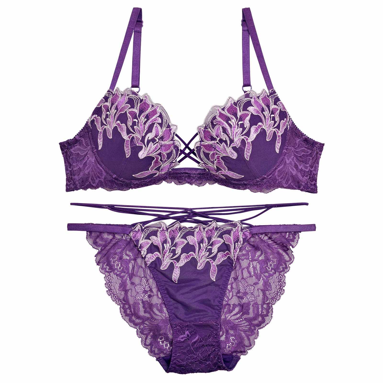 【Reinest】ストリングパープルリーリエブラジャー&バック透けフルバックショーツ
