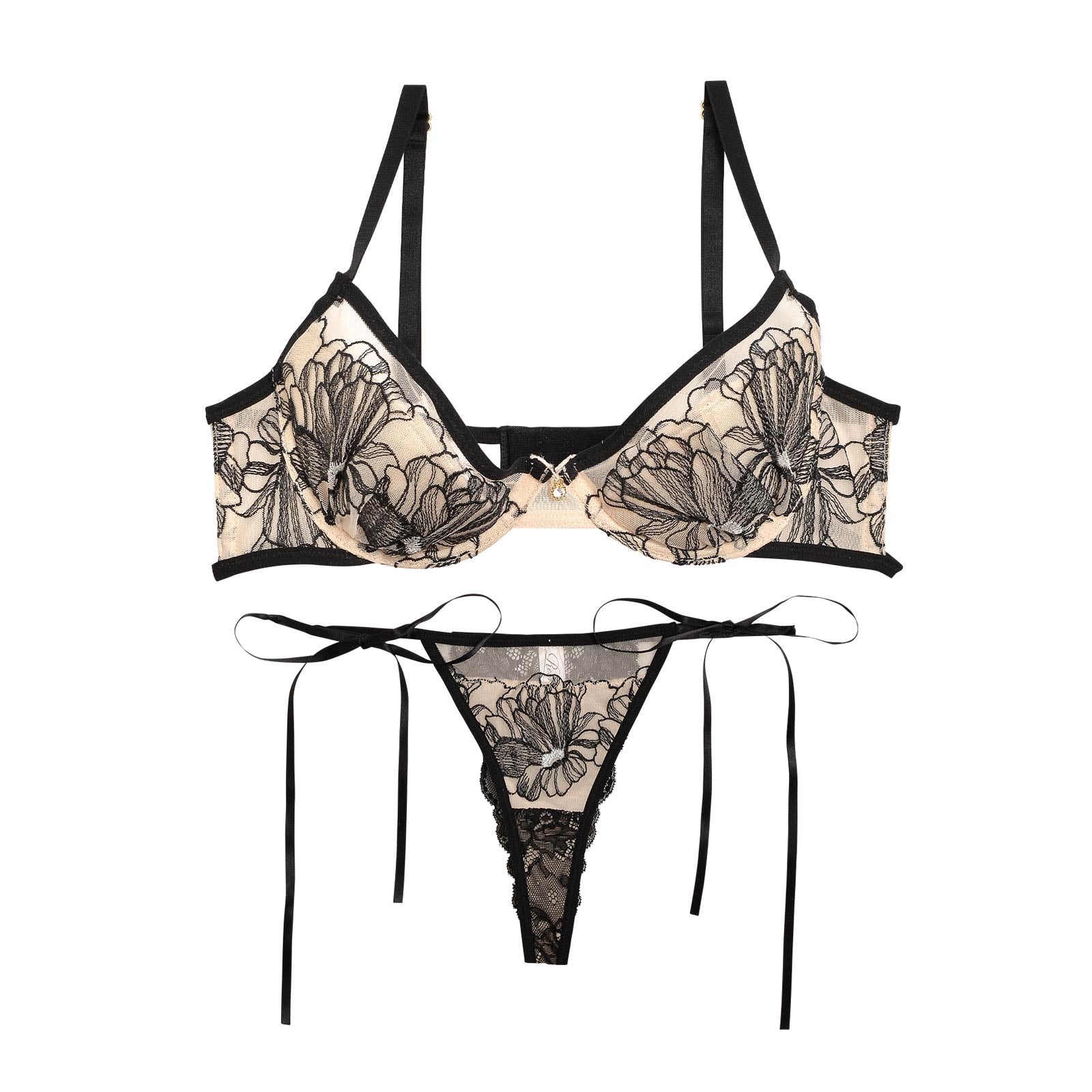 永尾まりや着用【Reinest】ソフトフラワーエンブロイダリーブラジャー&サイド紐バック透けTバックショーツ