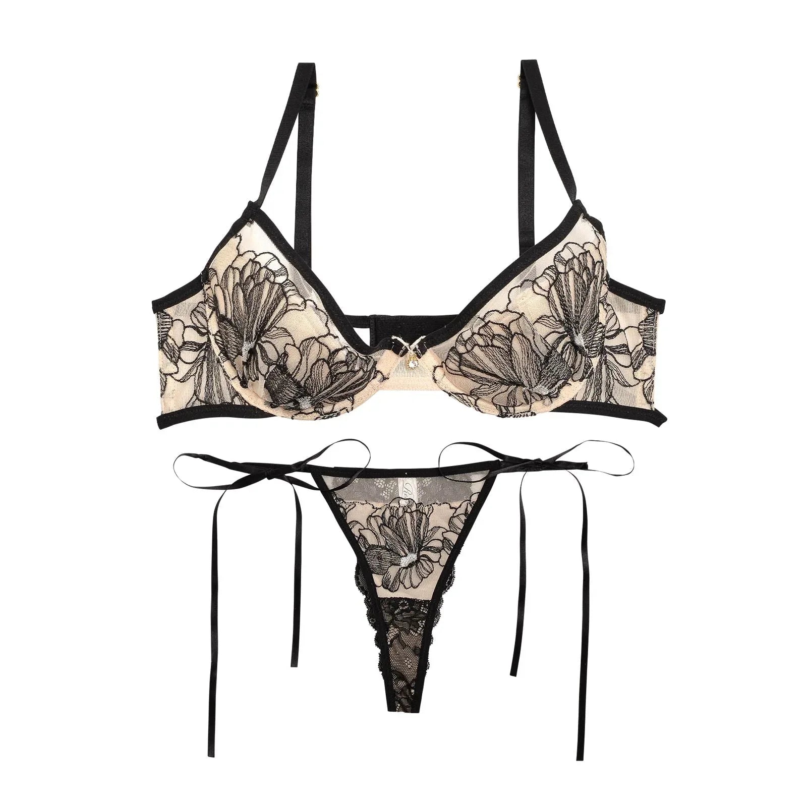 【Reinest】ソフトフラワーエンブロイダリーブラジャー&サイド紐バック透けTバックショーツ - 【公式】247Lingerie